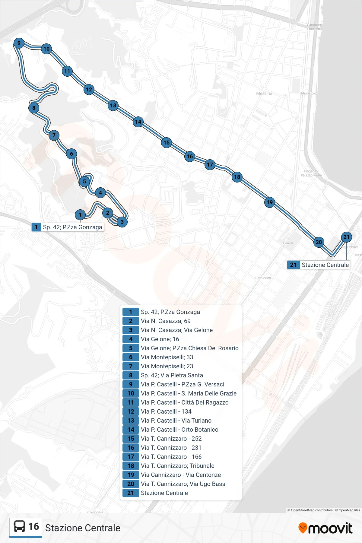 Linea 16 bus (Stazione Centrale) - Percorsi e fermate sulla mappa