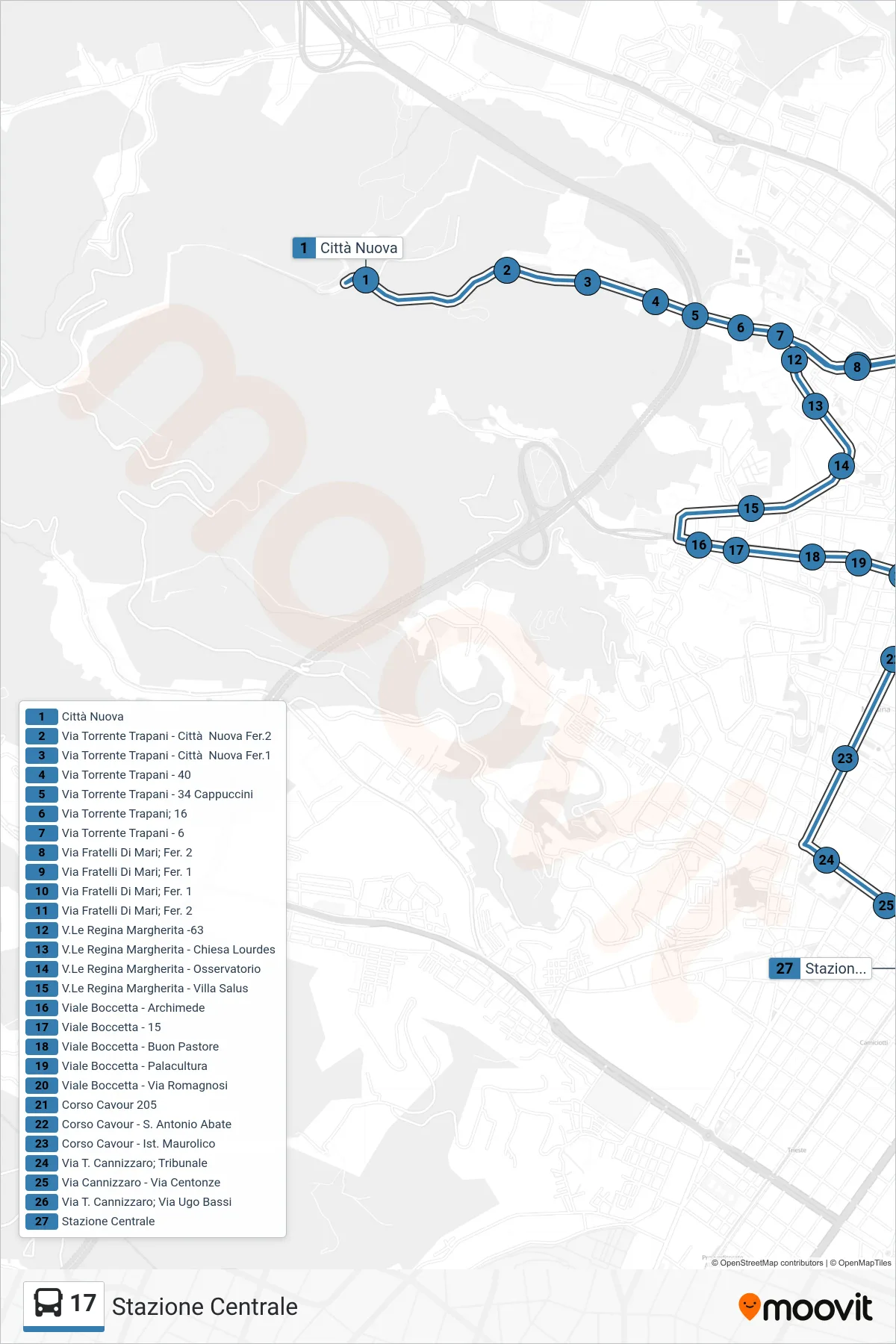 Linea 17 bus (Stazione Centrale) - Percorsi e fermate sulla mappa