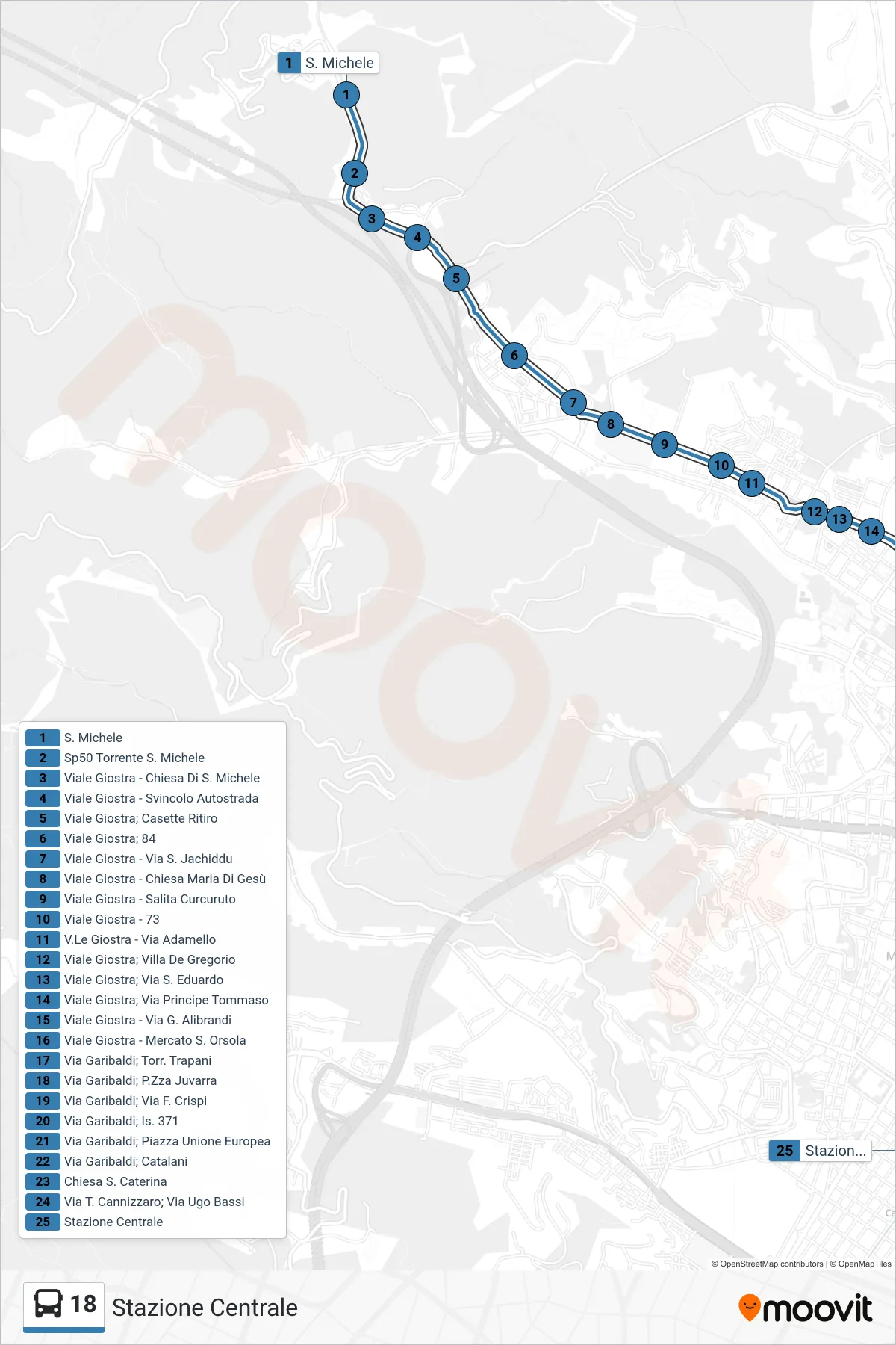 Linea 18  bus (Stazione Centrale) - Percorsi e fermate sulla mappa
