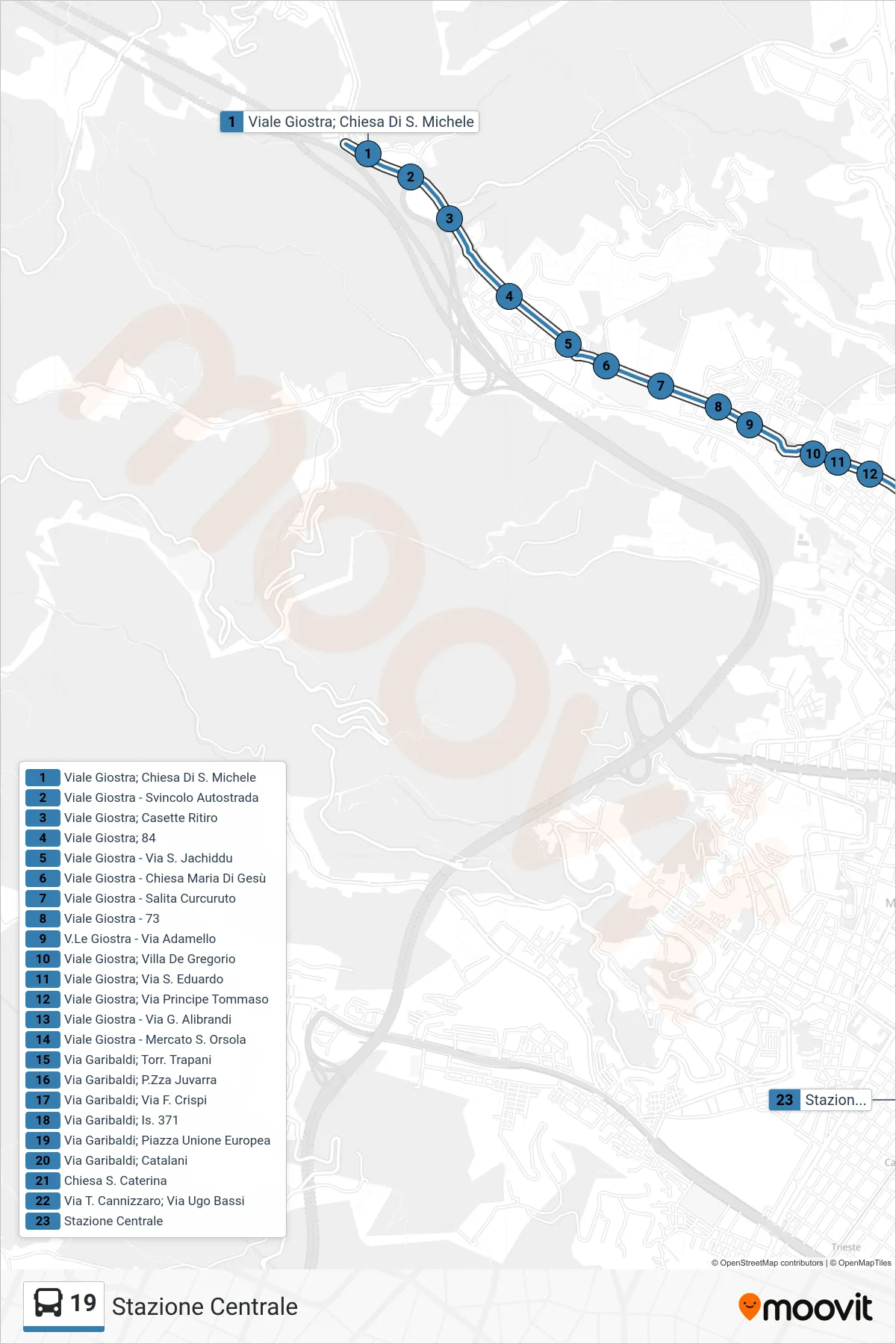 Linea 19  bus (Stazione Centrale) - Percorsi e fermate sulla mappa
