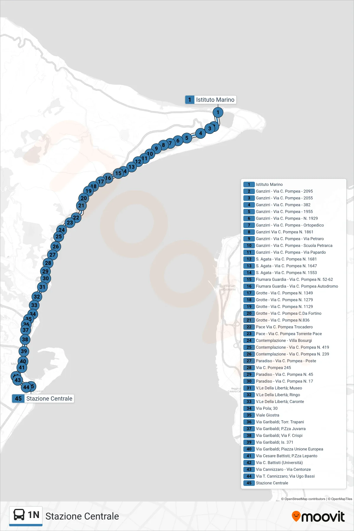 Linea 1N bus (Stazione Centrale) - Percorsi e fermate sulla mappa