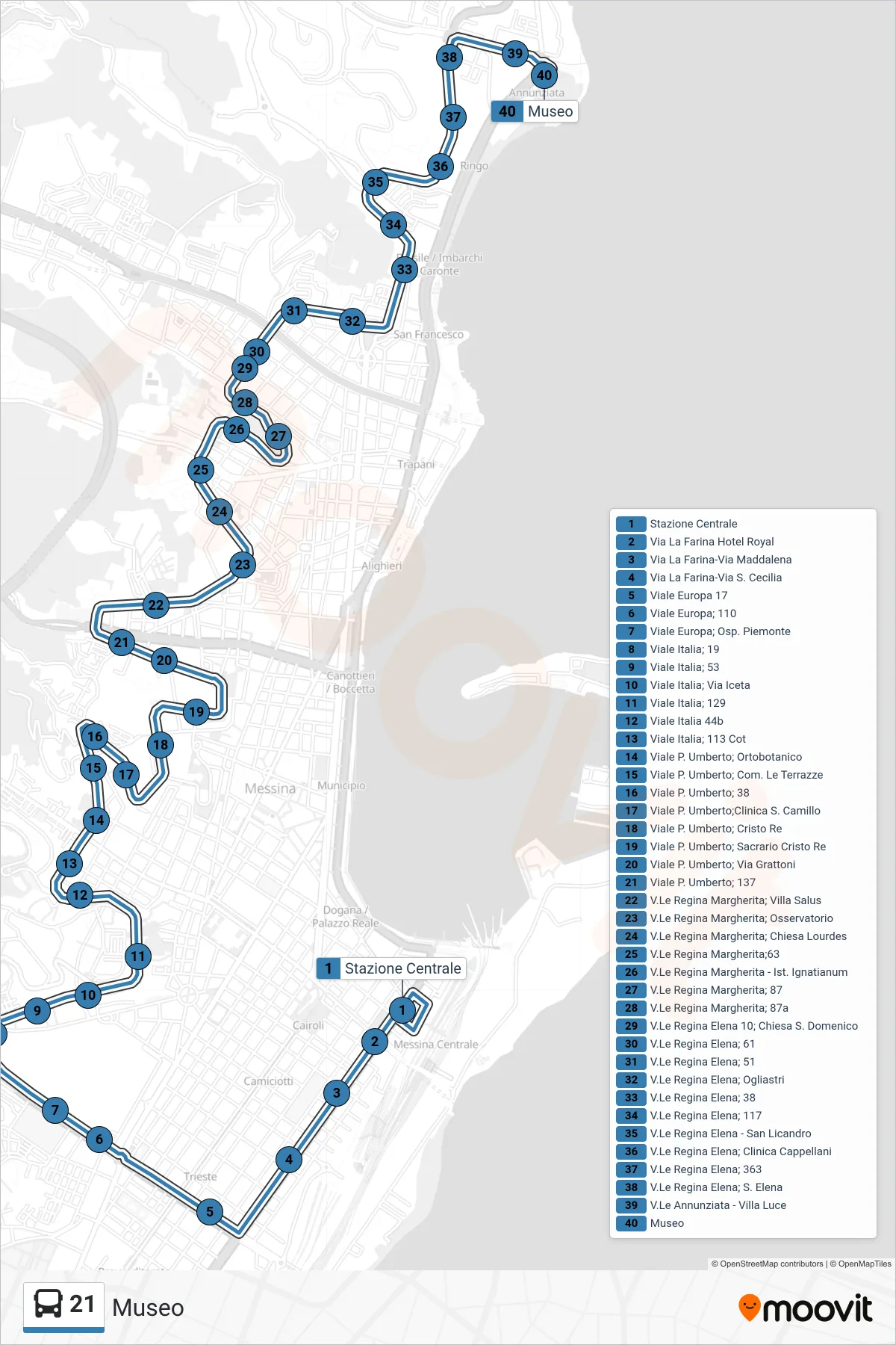Linea 21  bus (Museo) - Percorsi e fermate sulla mappa