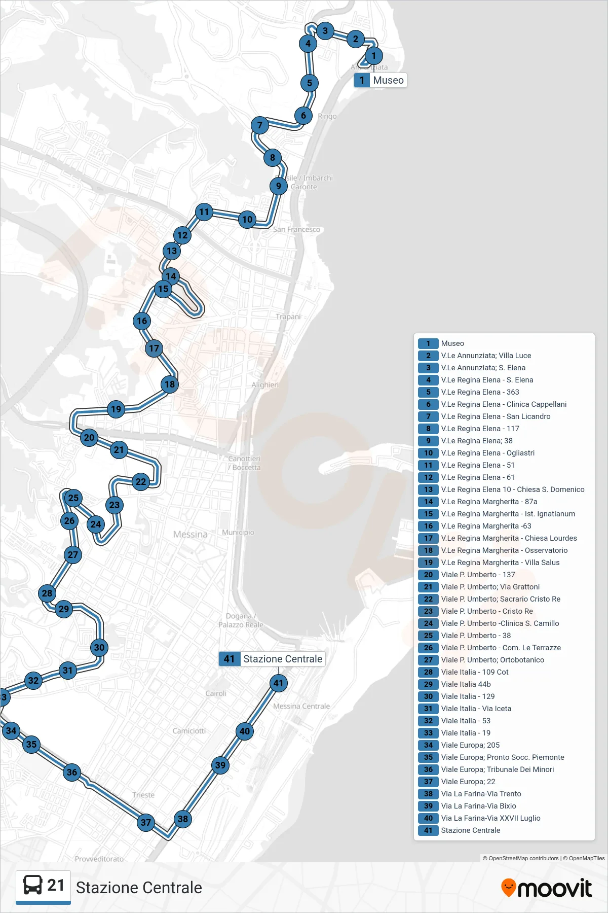 Linea 21 bus (Stazione Centrale) - Percorsi e fermate sulla mappa