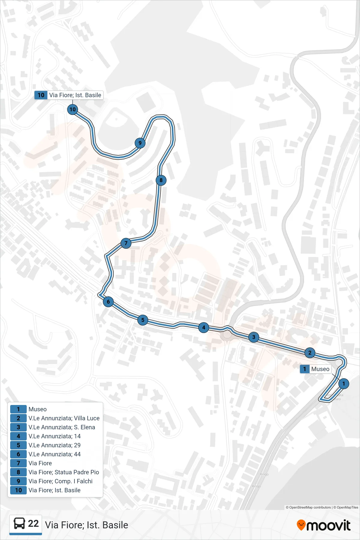 Linea 22 bus (Via Fiore; Ist. Basile) - Percorsi e fermate sulla mappa