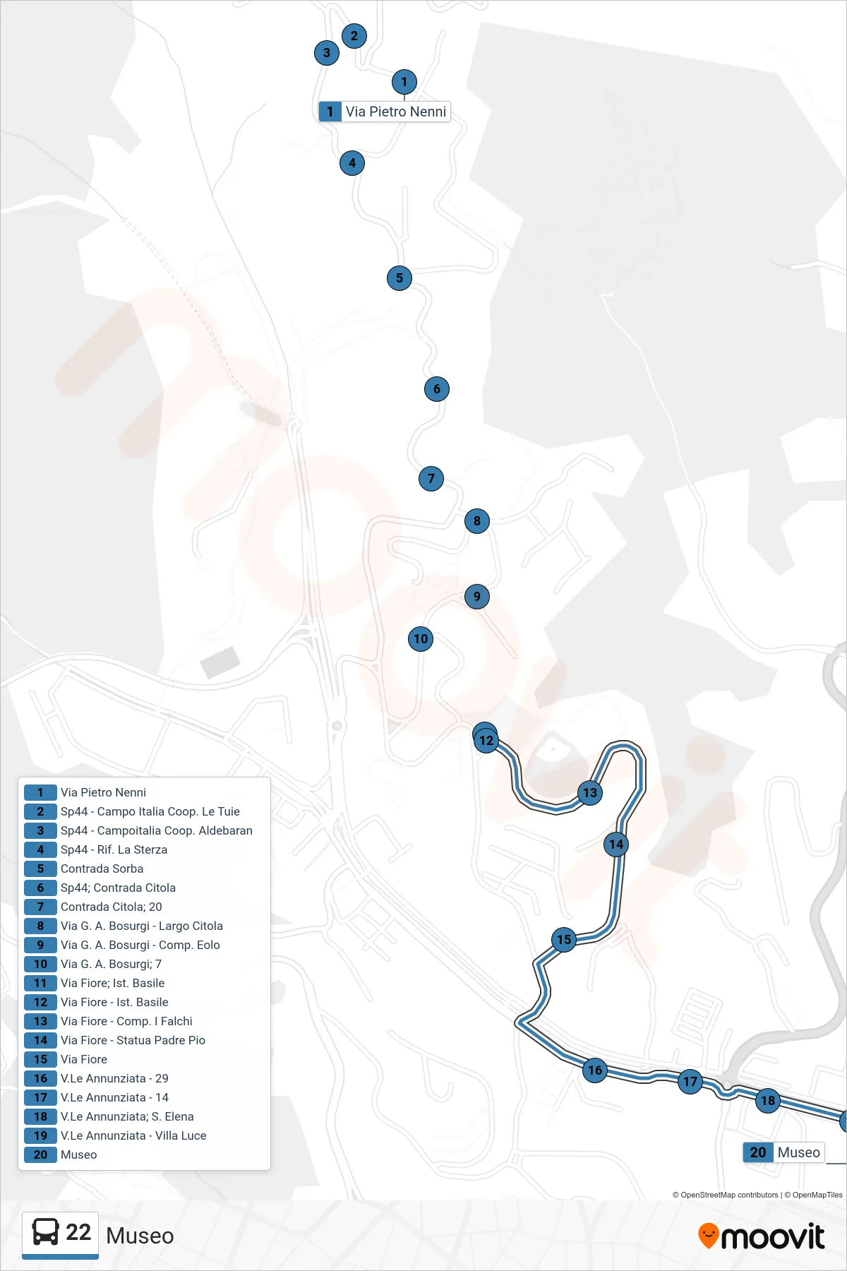 Linea 22  bus (Museo) - Percorsi e fermate sulla mappa