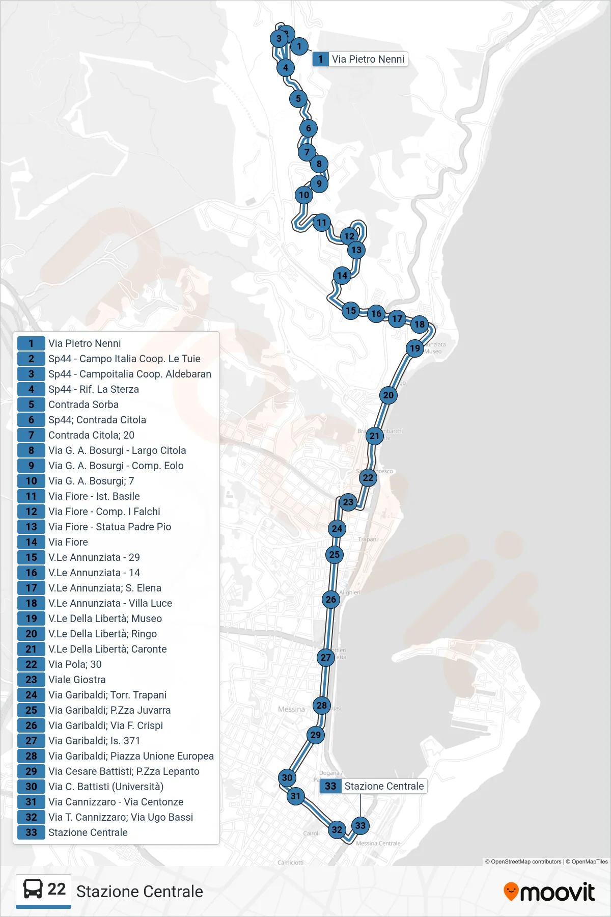 Linea 22 bus (Stazione Centrale) - Percorsi e fermate sulla mappa