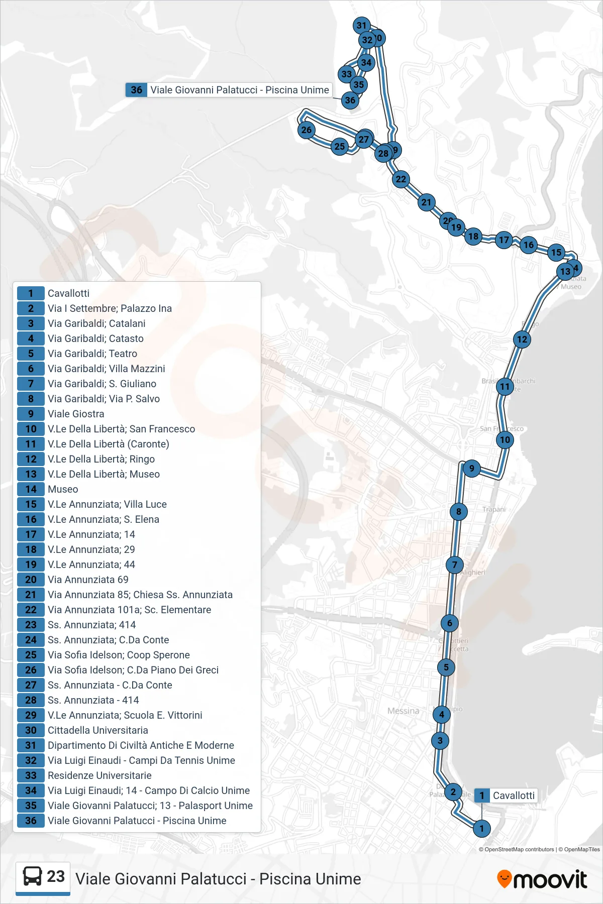 Linea 23 bus (Viale Giovanni Palatucci - Piscina Unime) - Percorsi e fermate sulla mappa