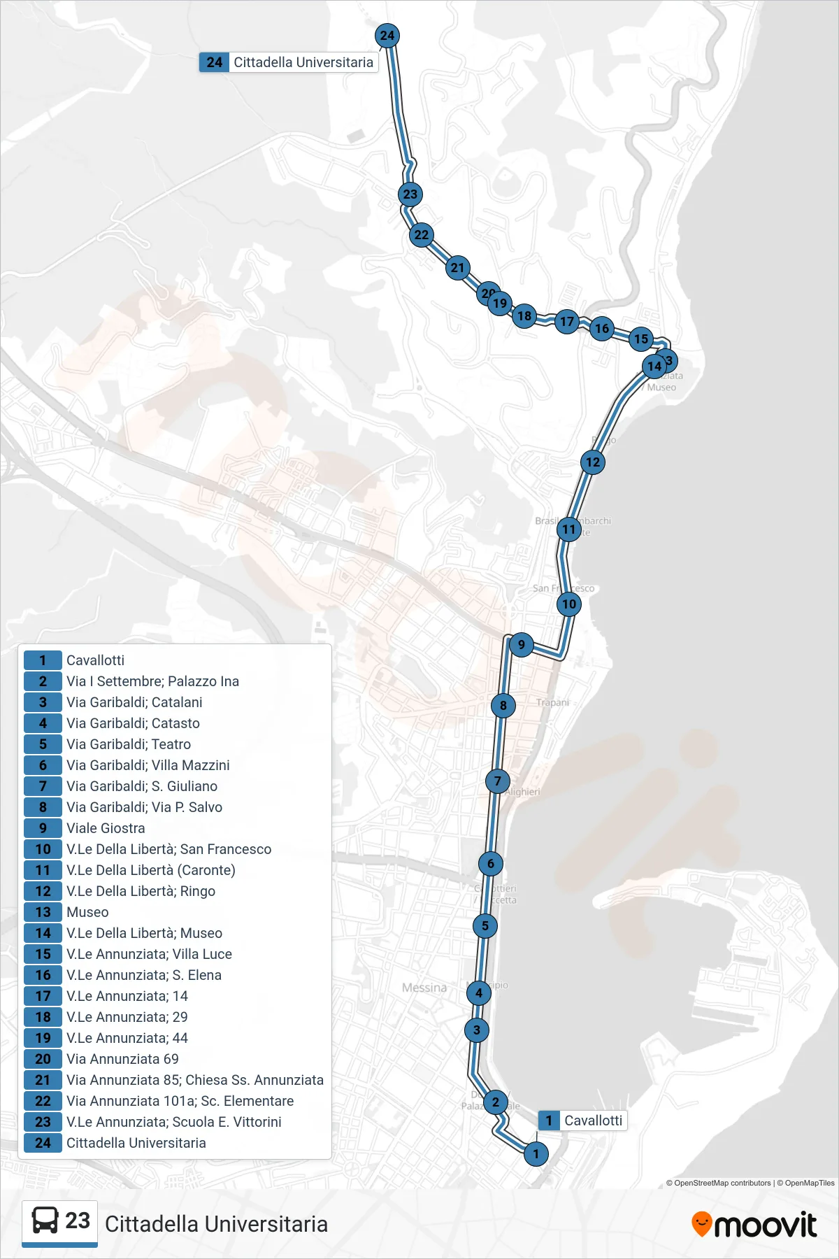 Linea 23 bus (Cittadella Universitaria) - Percorsi e fermate sulla mappa