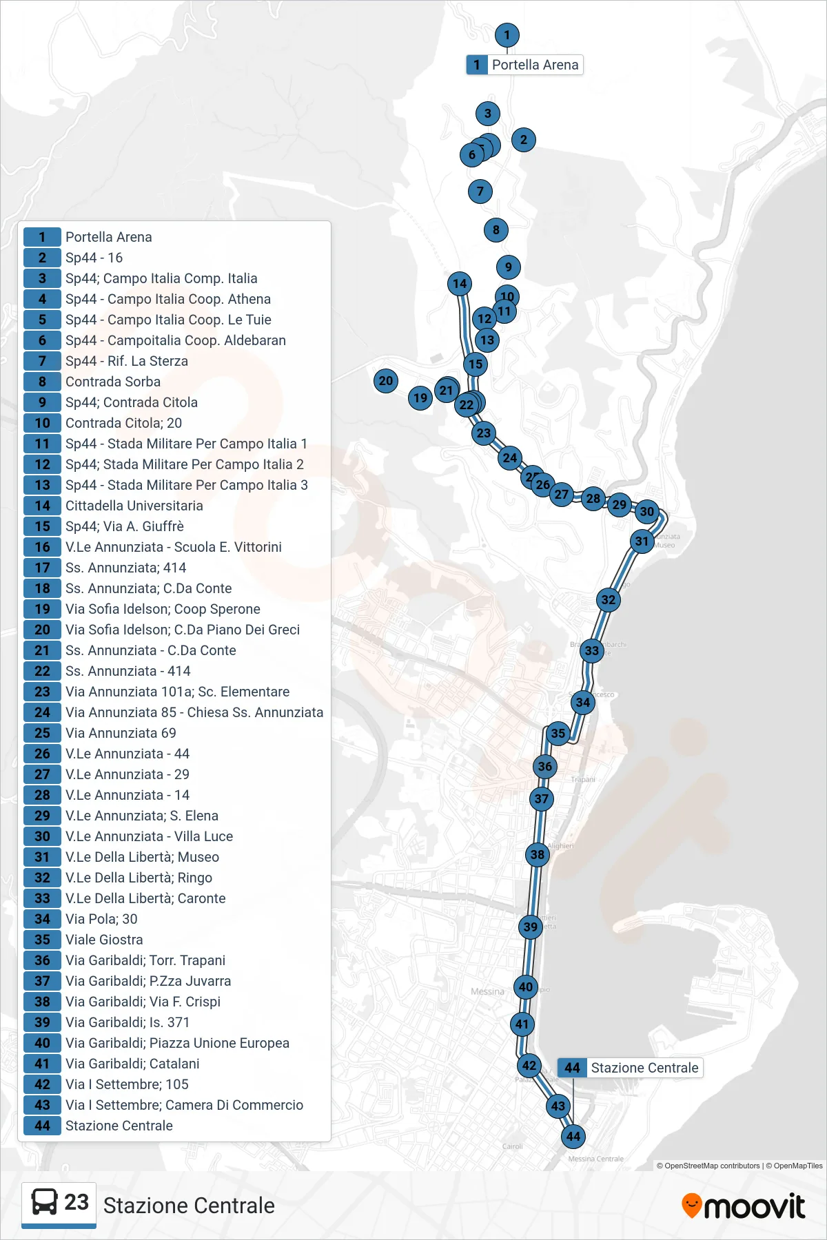 23 bus Line (Central Station) route and stops on a map