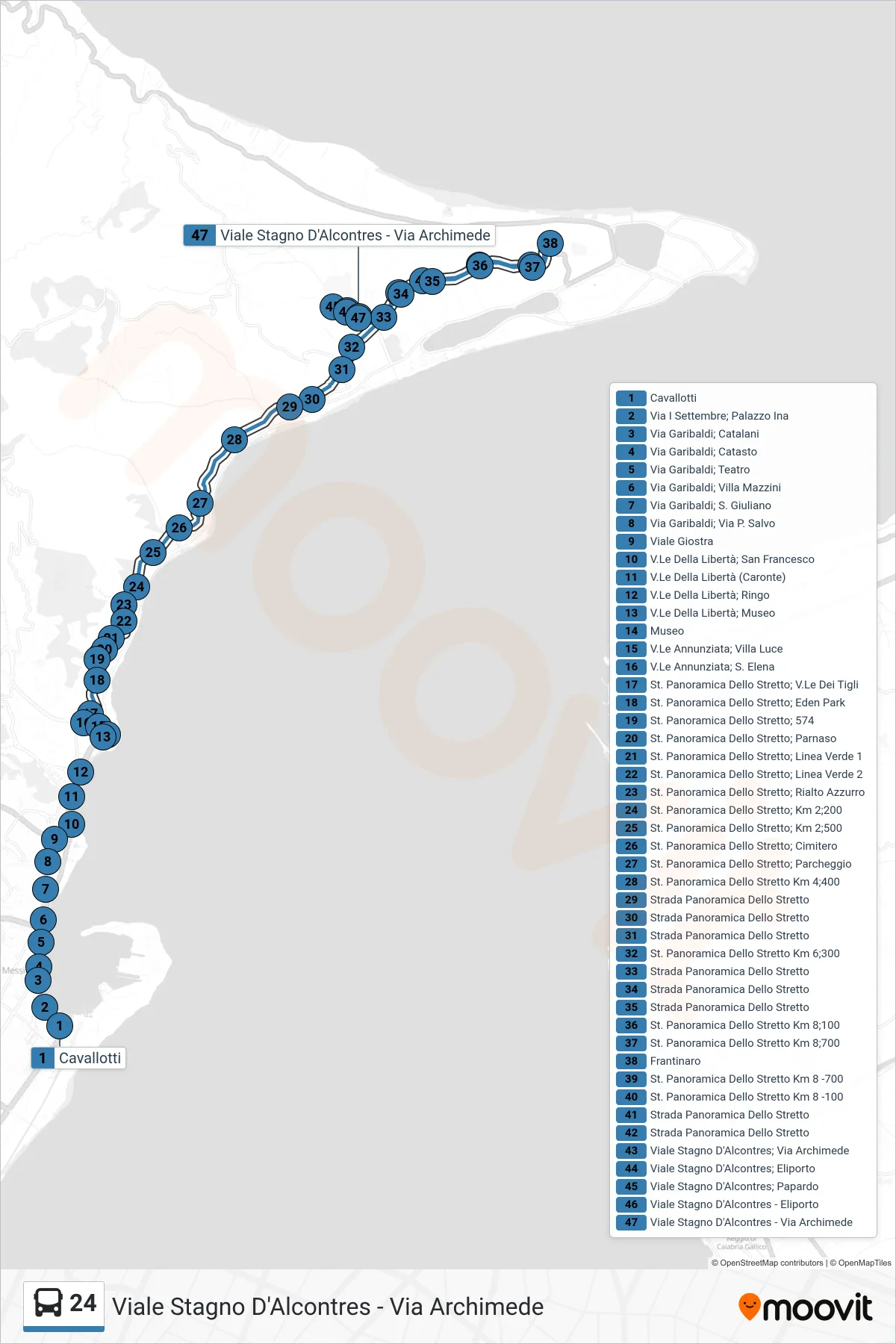 Linea 24 bus (Viale Stagno D'Alcontres - Via Archimede) - Percorsi e fermate sulla mappa