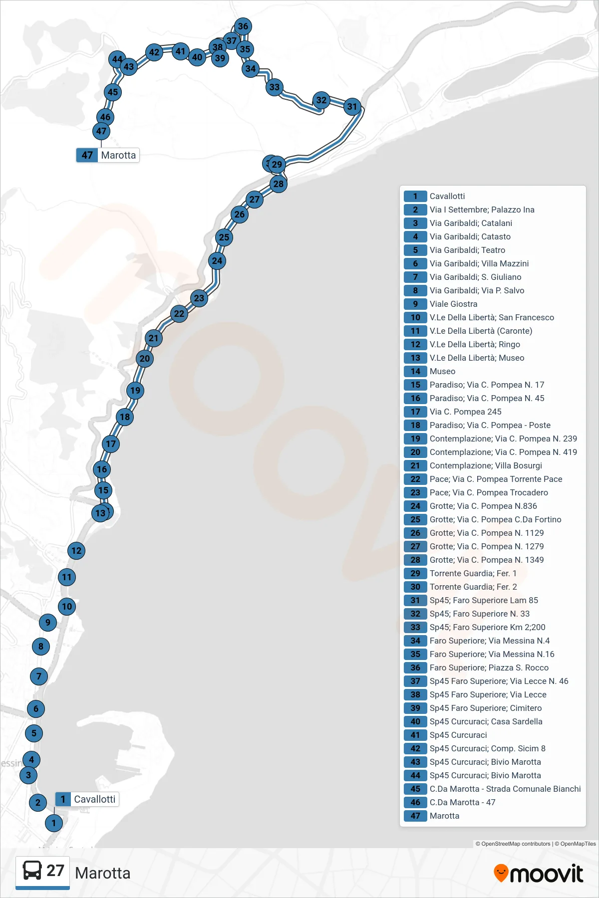 27 bus Line (Marotta) route and stops on a map