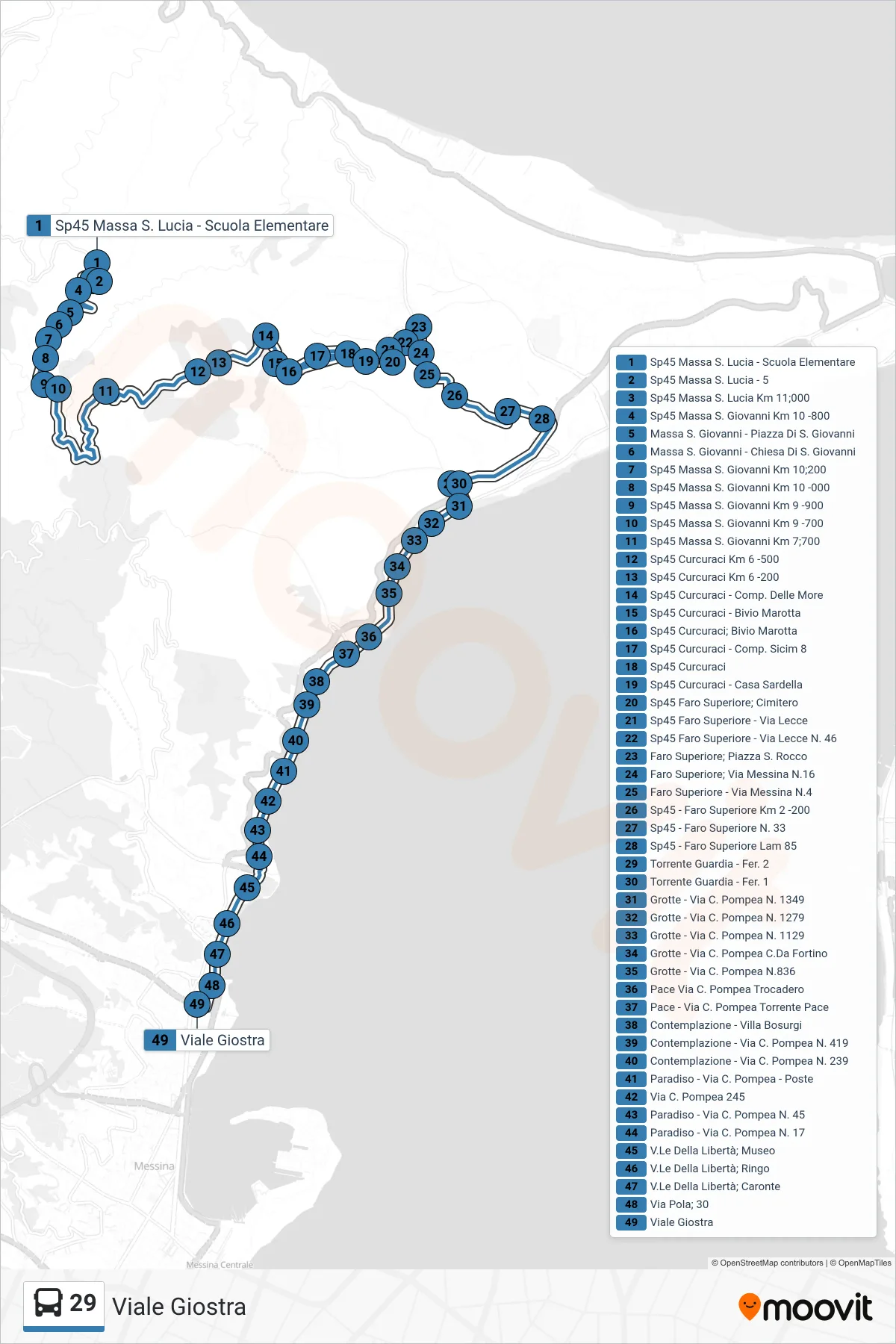 29 bus Line (Giostra Avenue) route and stops on a map