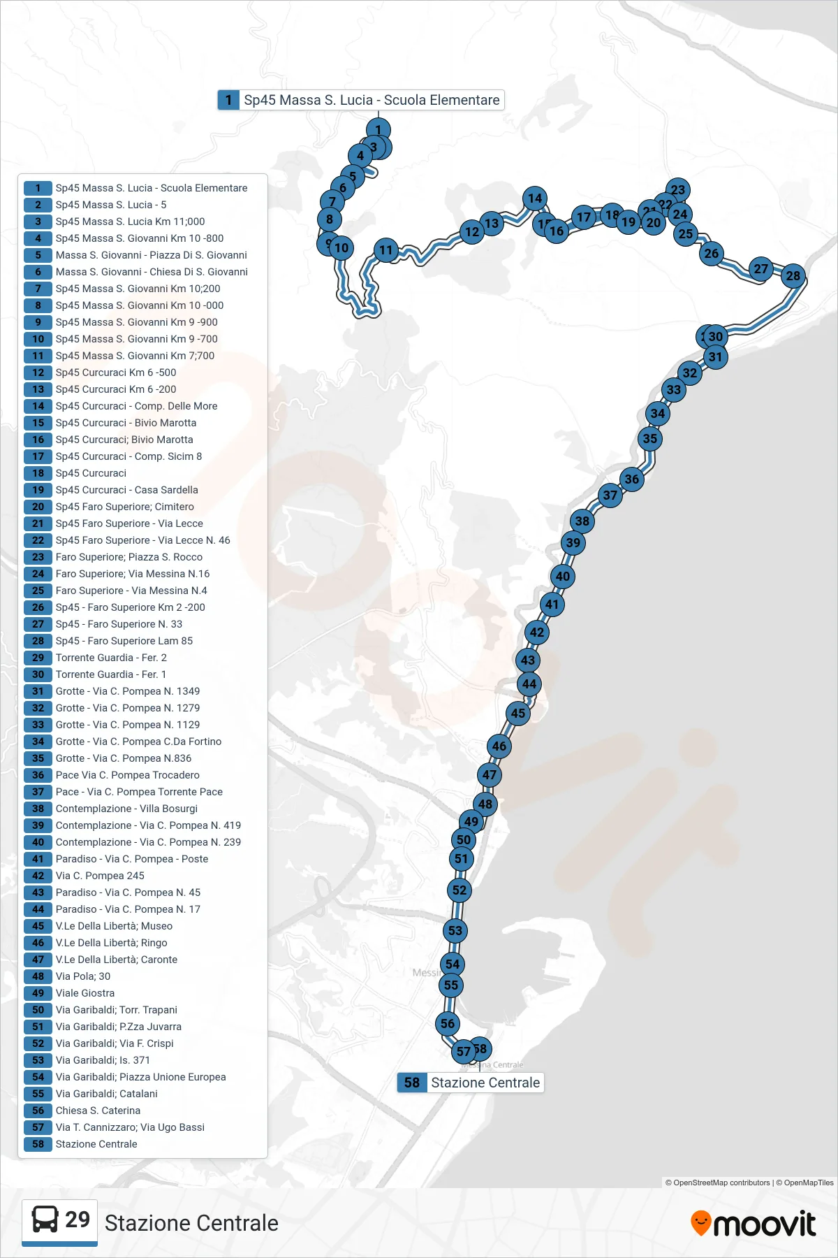 Linea 29  bus (Stazione Centrale) - Percorsi e fermate sulla mappa