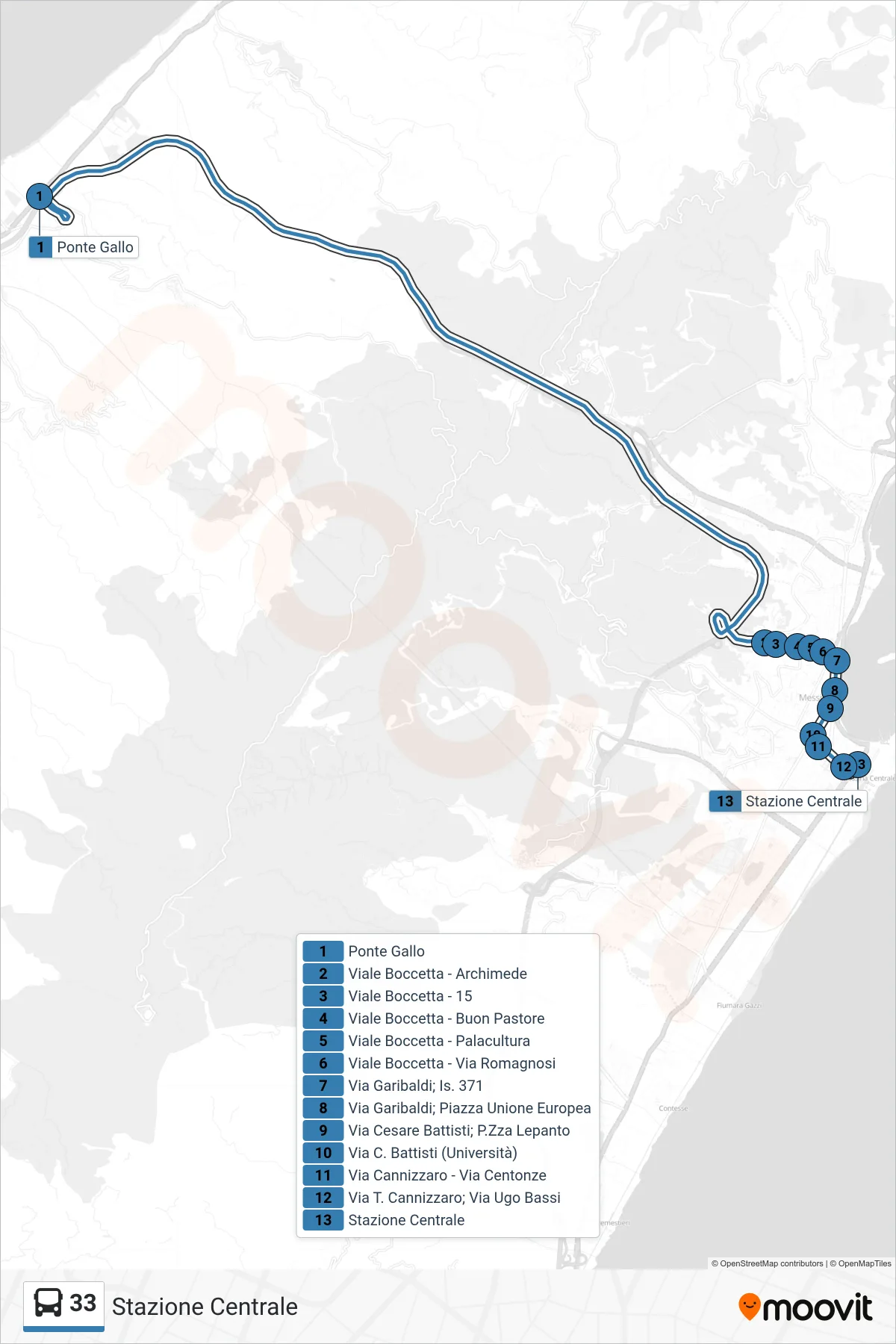 Linea 33  bus (Stazione Centrale) - Percorsi e fermate sulla mappa