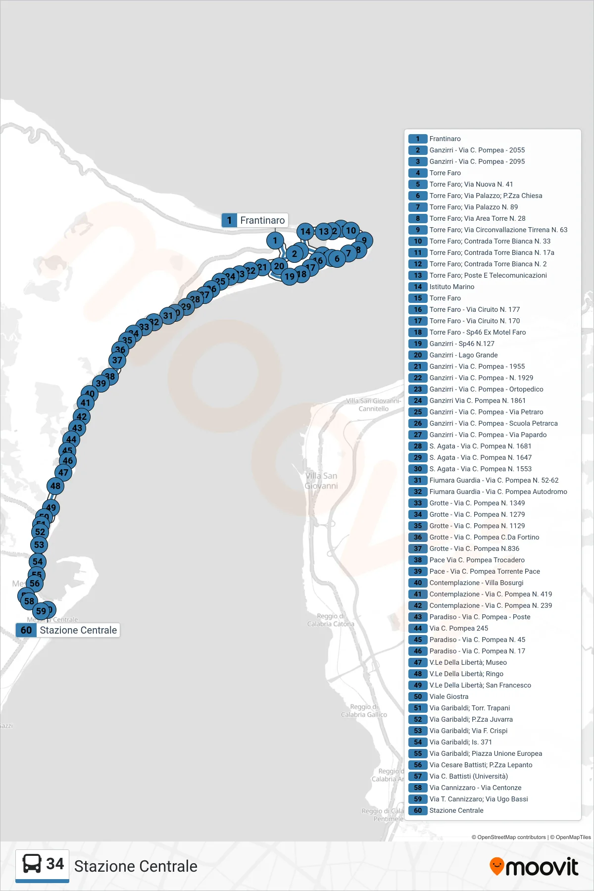 Linea 34 bus (Stazione Centrale) - Percorsi e fermate sulla mappa