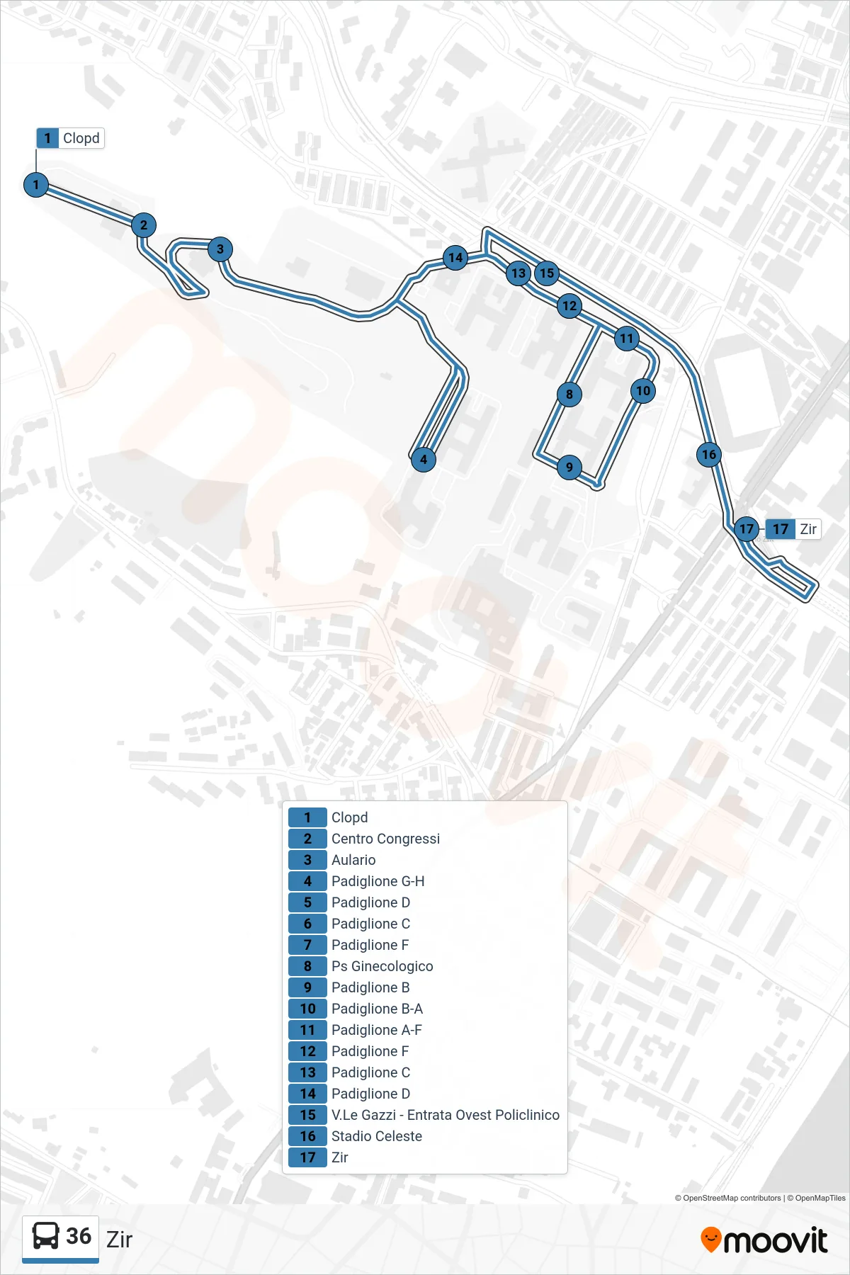 Linea 36  bus (Zir) - Percorsi e fermate sulla mappa