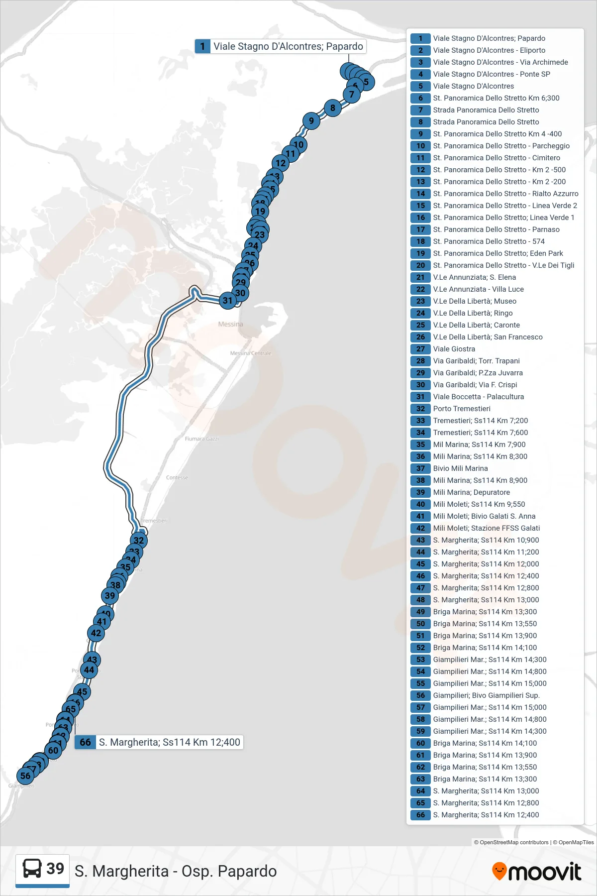 Linea 39  bus (S. Margherita; Ss114 Km 12;400) - Percorsi e fermate sulla mappa