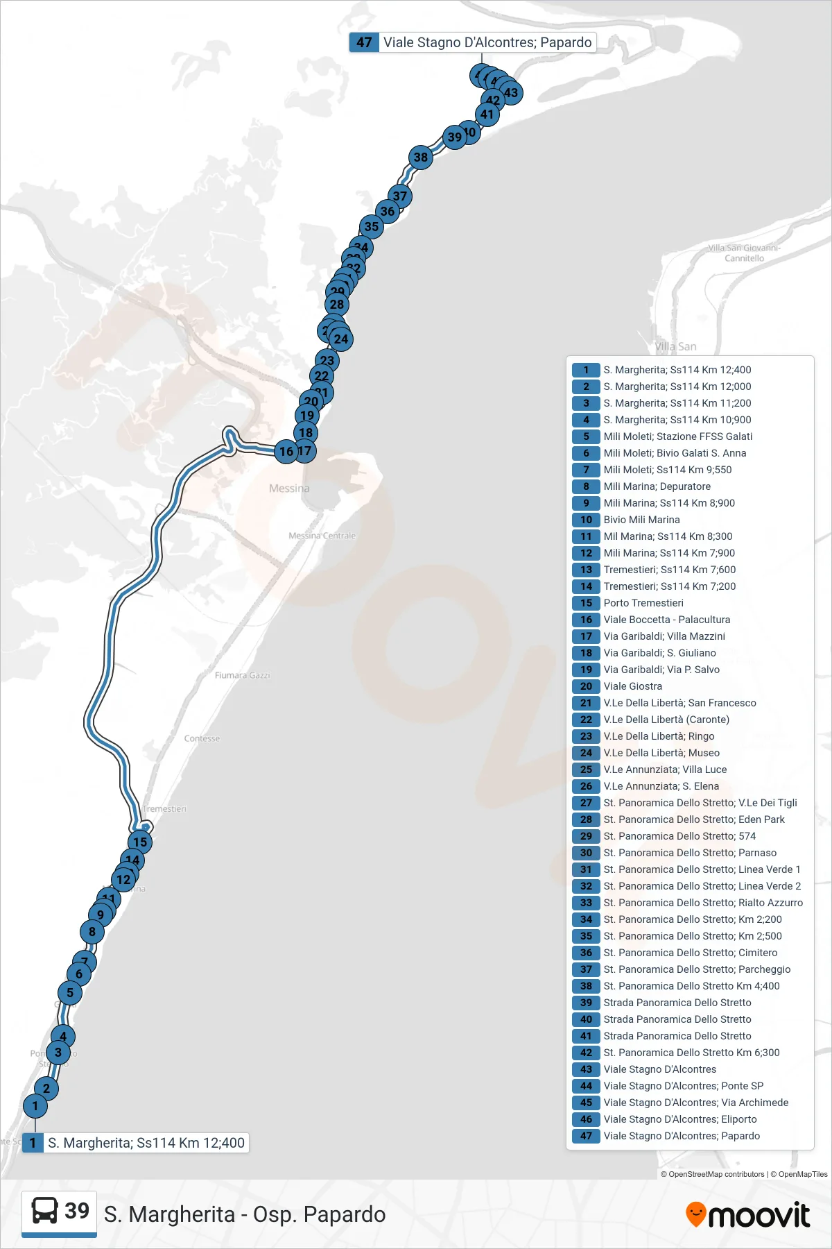 Linea 39  bus (Viale Stagno D'Alcontres; Papardo) - Percorsi e fermate sulla mappa