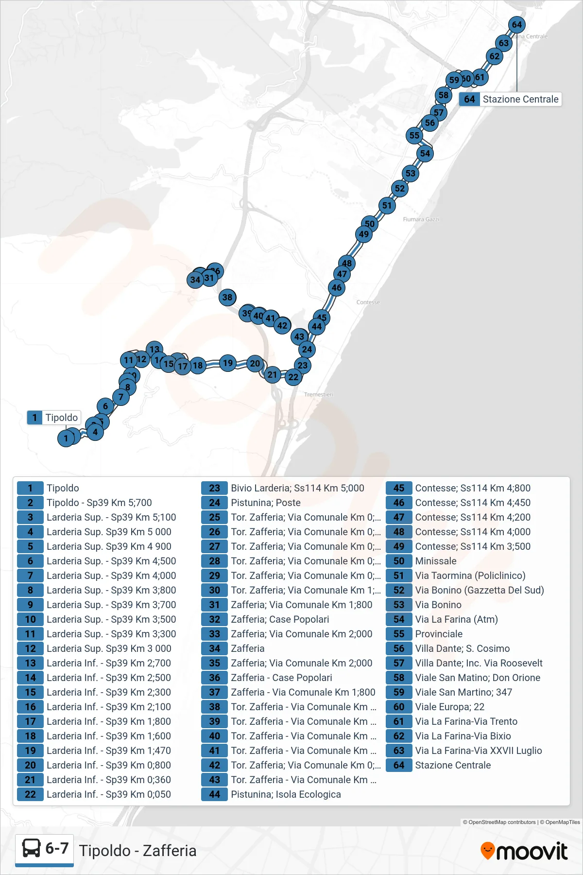 Linea 6-7 bus (Stazione Centrale) - Percorsi e fermate sulla mappa