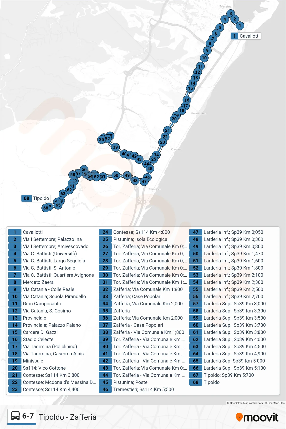 6-7 bus Line (Tipoldo) route and stops on a map