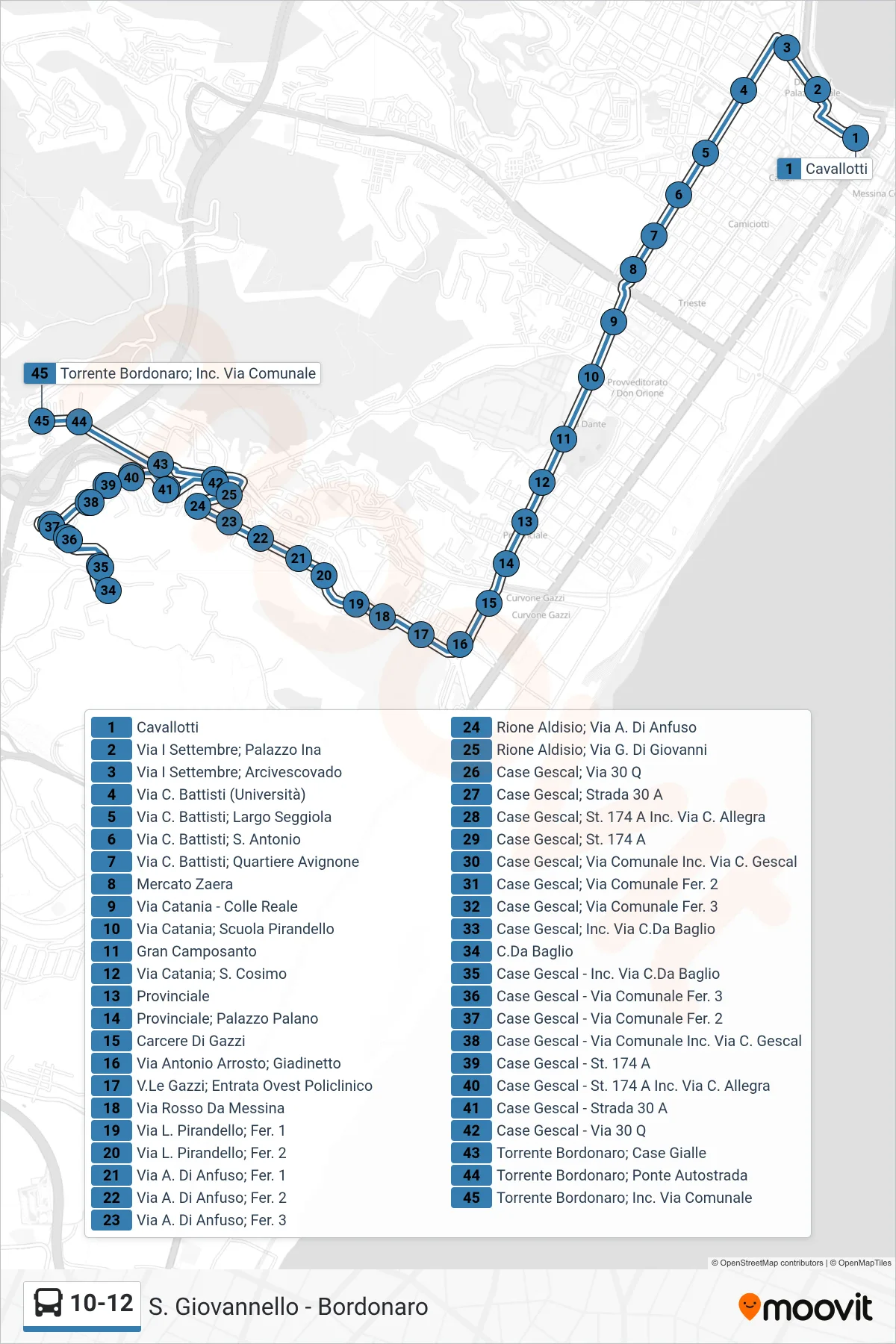 Linea 10-12 bus (Torrente Bordonaro; Inc. Via Comunale) - Percorsi e fermate sulla mappa