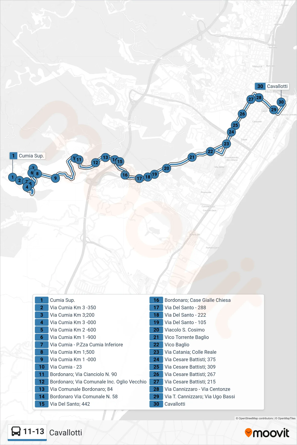 Linea 11-13  bus (Cavallotti) - Percorsi e fermate sulla mappa