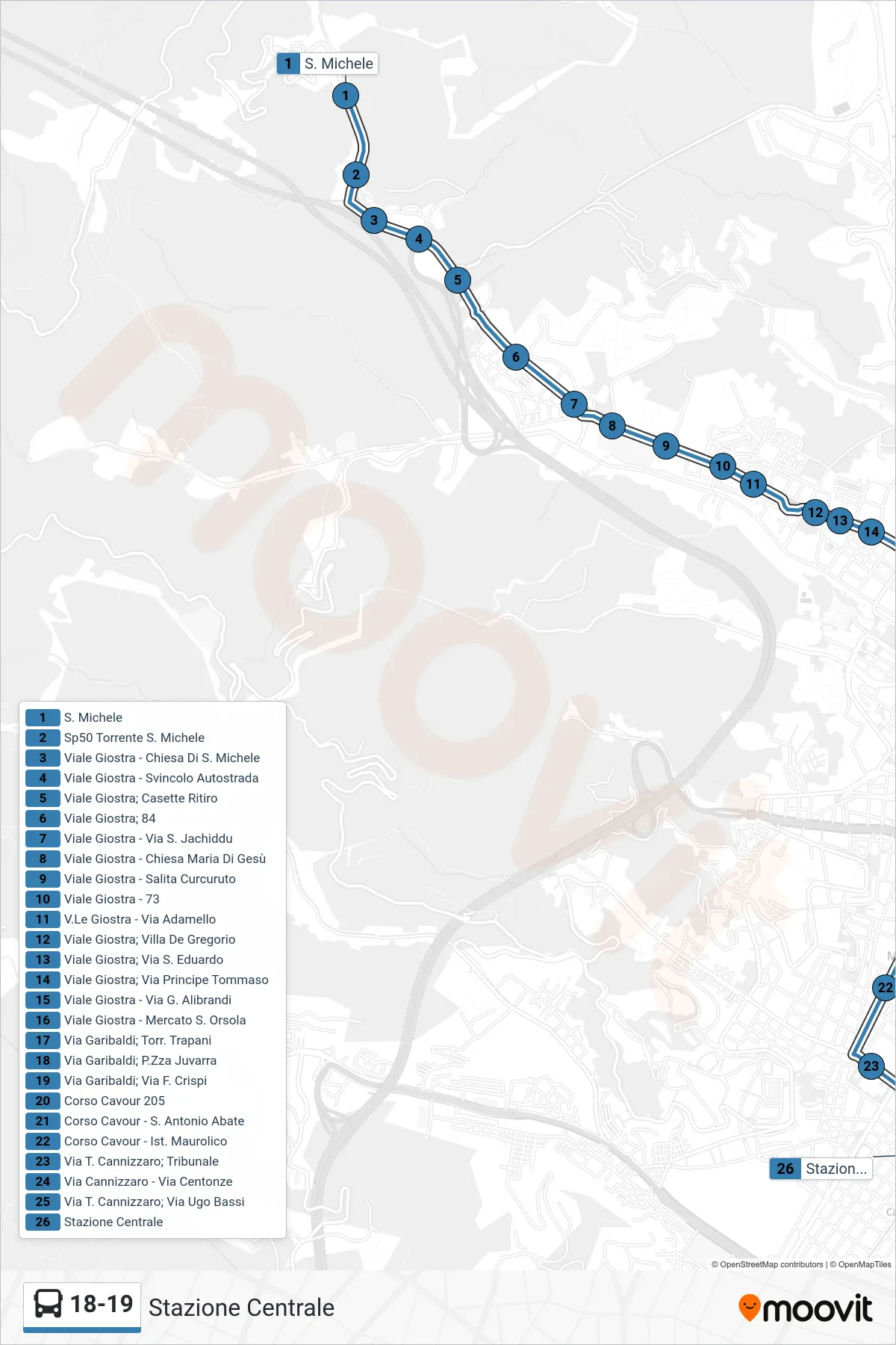 Linea 18-19  bus (Stazione Centrale) - Percorsi e fermate sulla mappa