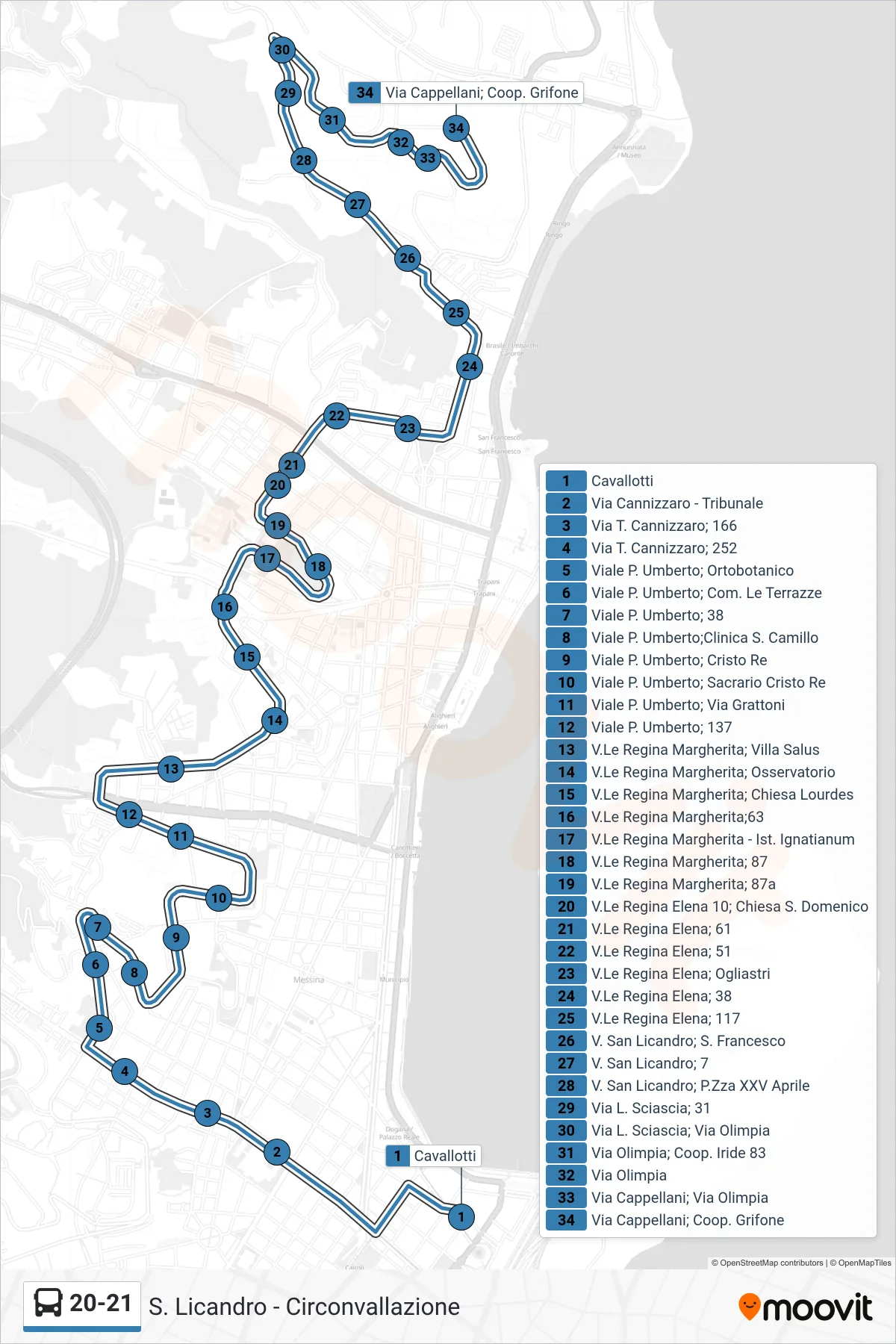 Linea 20-21 bus (Via Cappellani; Coop. Grifone) - Percorsi e fermate sulla mappa