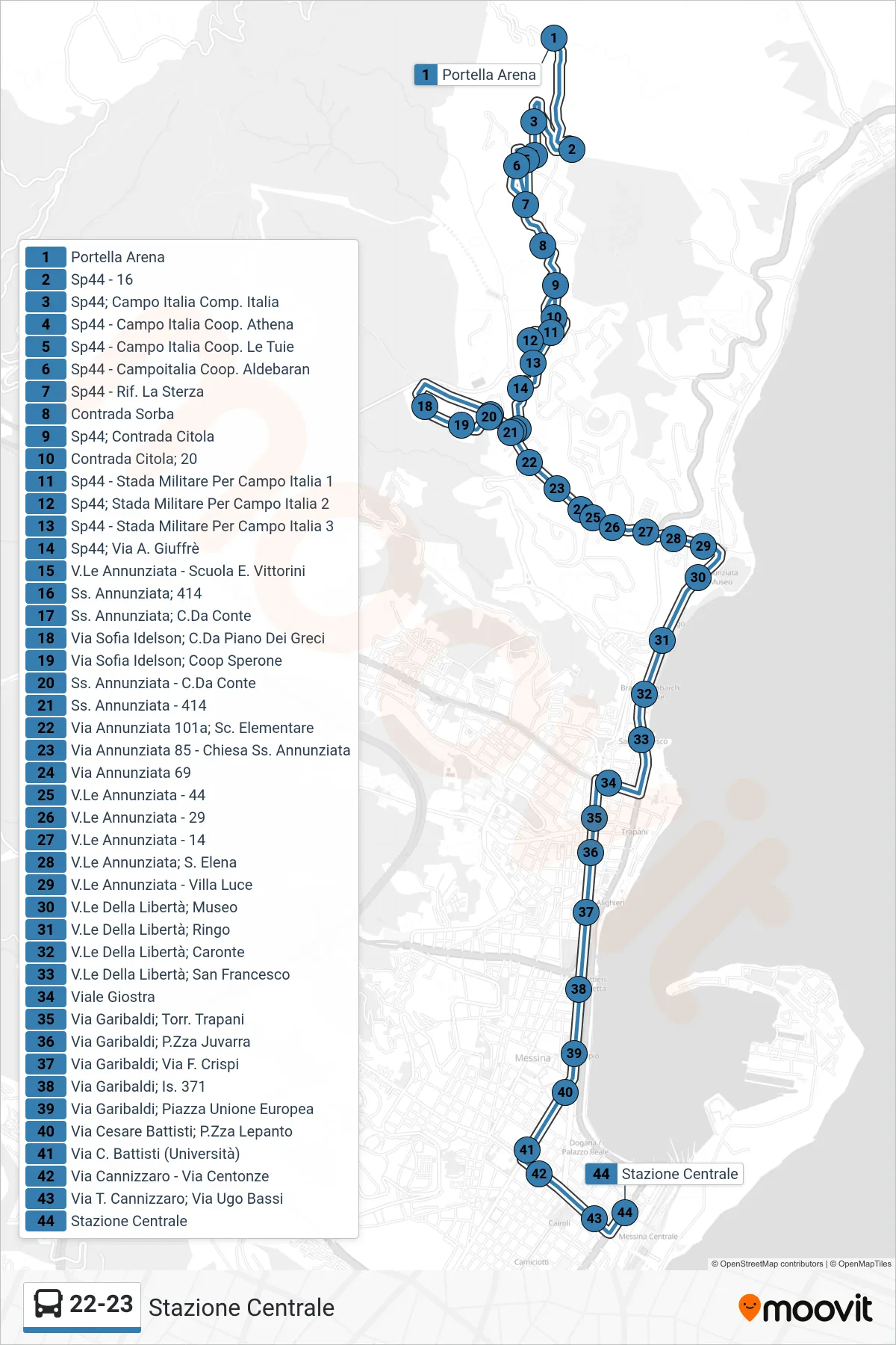 Linea 22-23 bus (Stazione Centrale) - Percorsi e fermate sulla mappa