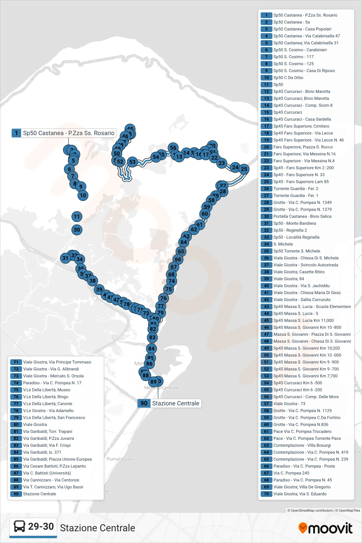 29-30 bus Line (Central Station) route and stops on a map