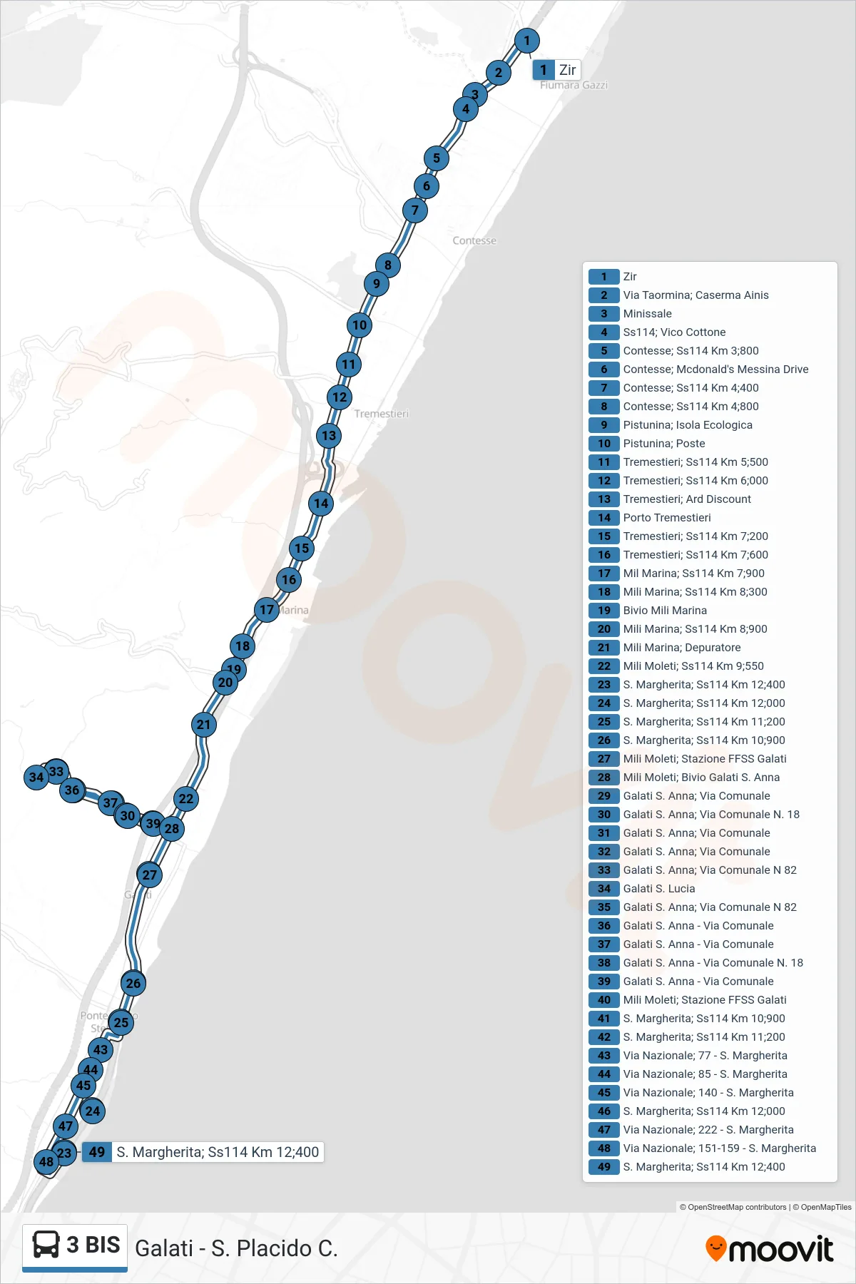 Linea 3 BIS  bus (S. Margherita; Ss114 Km 12;400) - Percorsi e fermate sulla mappa