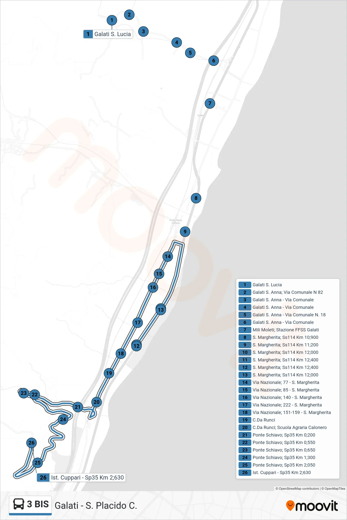 Linea 3 BIS  bus (Ist. Cuppari - Sp35 Km 2;630) - Percorsi e fermate sulla mappa