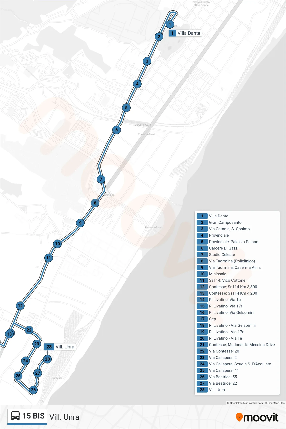Linea 15 BIS bus (Vill. Unra) - Percorsi e fermate sulla mappa