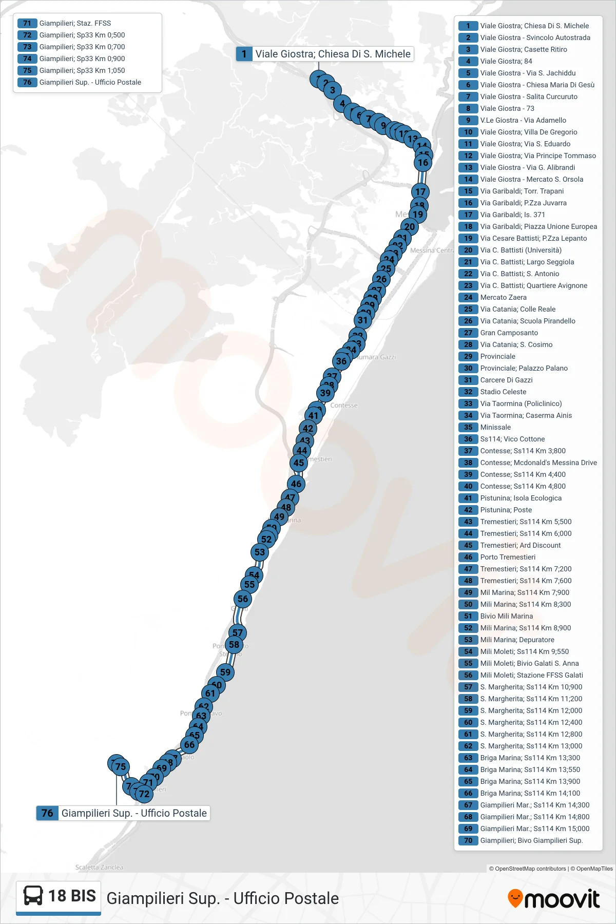 Linea 18 BIS bus (Giampilieri Sup. - Ufficio Postale) - Percorsi e fermate sulla mappa