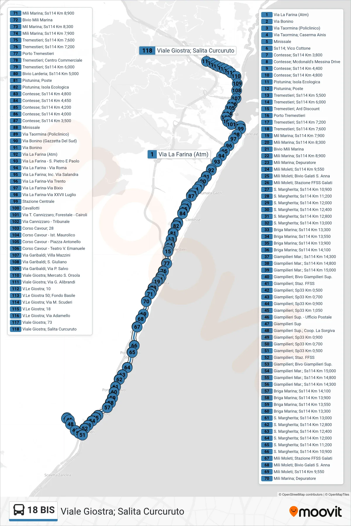 Linea 18 BIS bus (Viale Giostra; Salita Curcuruto) - Percorsi e fermate sulla mappa