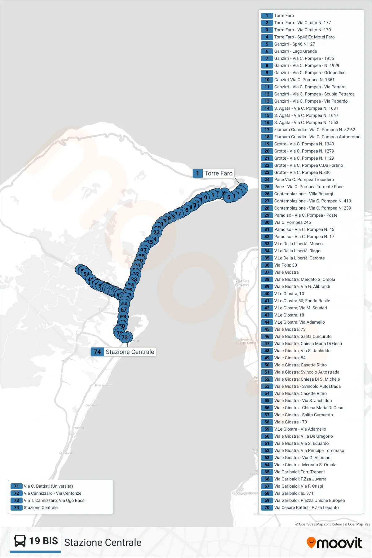 Linea 19 BIS bus (Stazione Centrale) - Percorsi e fermate sulla mappa