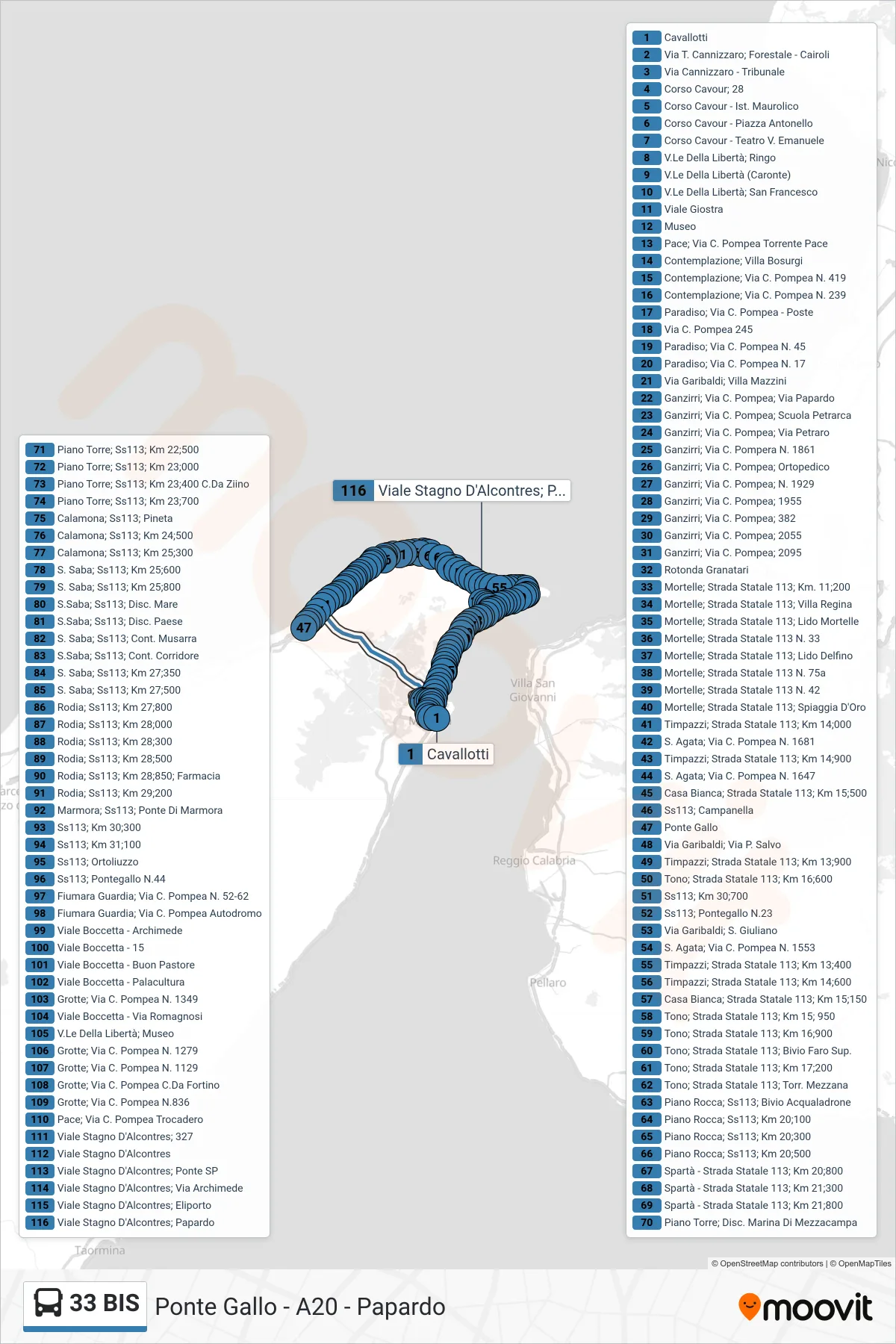Linea 33 BIS bus (Viale Stagno D'Alcontres; Papardo) - Percorsi e fermate sulla mappa