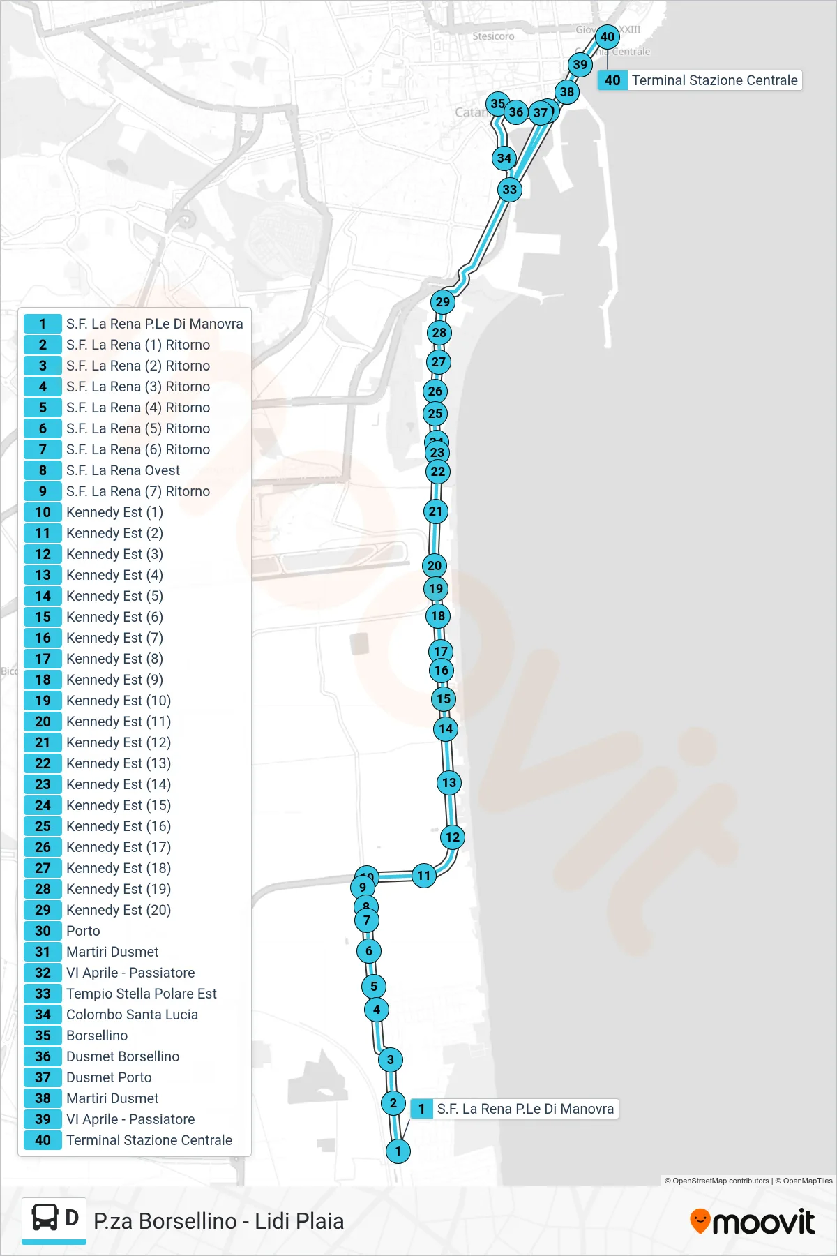 Linea D bus (Terminal Stazione Centrale) - Percorsi e fermate sulla mappa