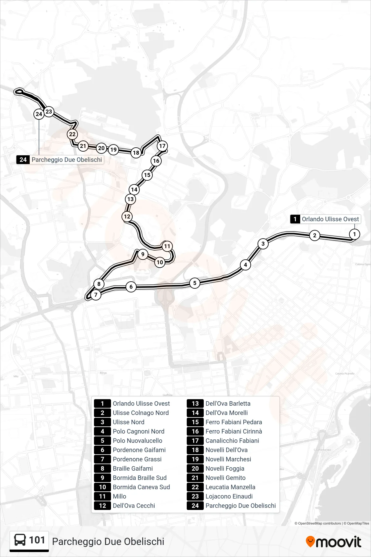 Linea 101 bus (Parcheggio Due Obelischi) - Percorsi e fermate sulla mappa