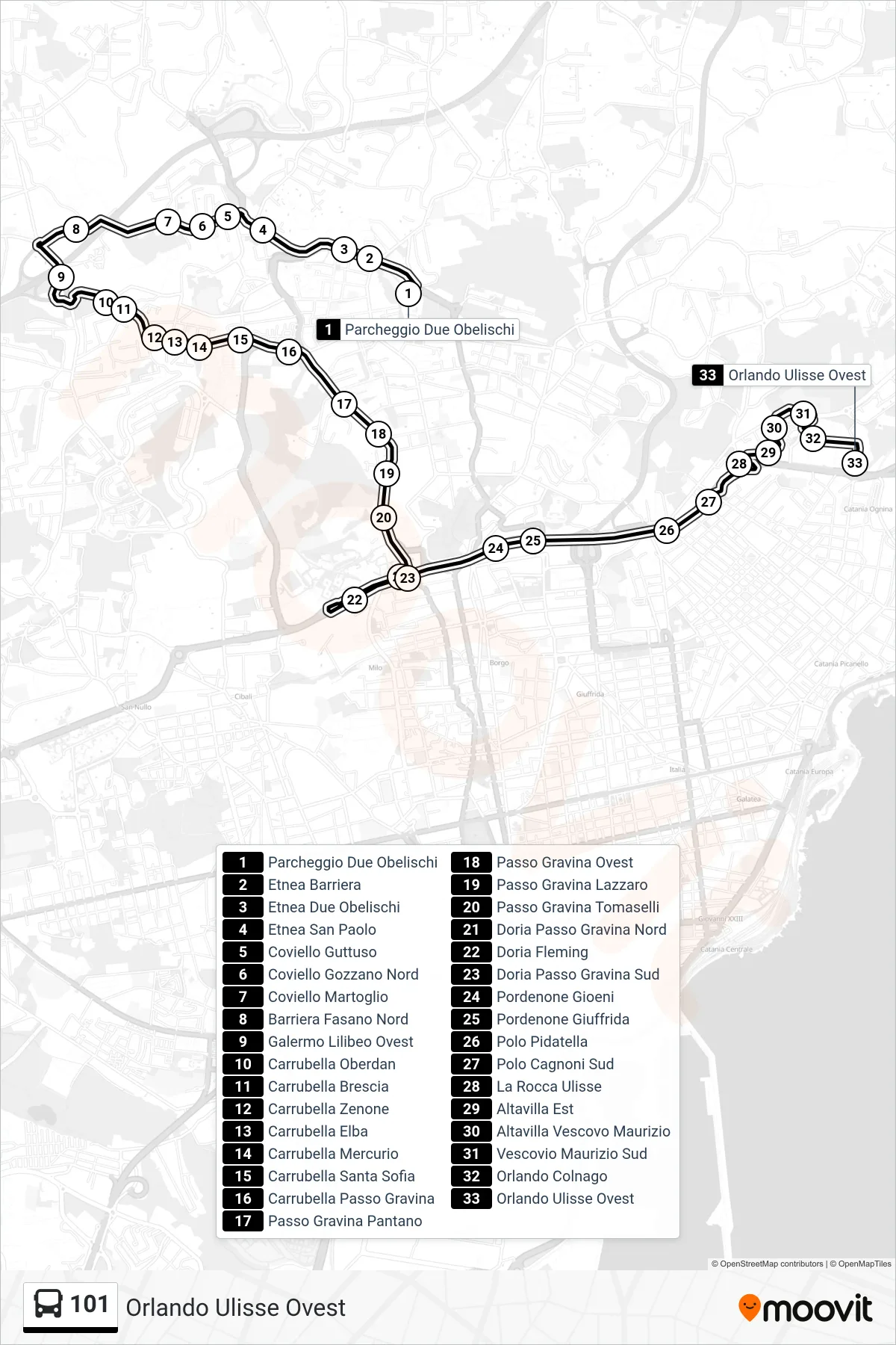 Linea 101  bus (Orlando Ulisse Ovest) - Percorsi e fermate sulla mappa