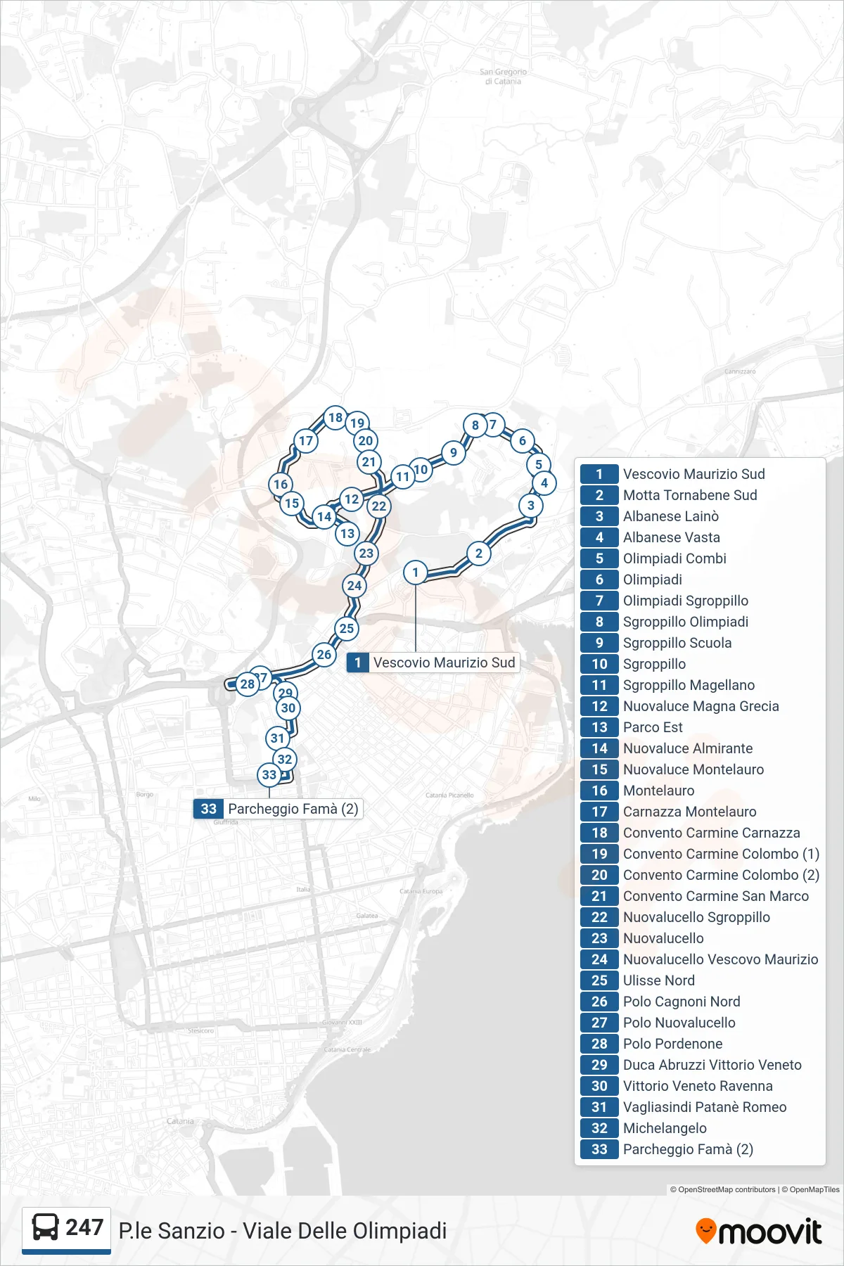 Linea 247 bus (Parcheggio Famà (2)) - Percorsi e fermate sulla mappa
