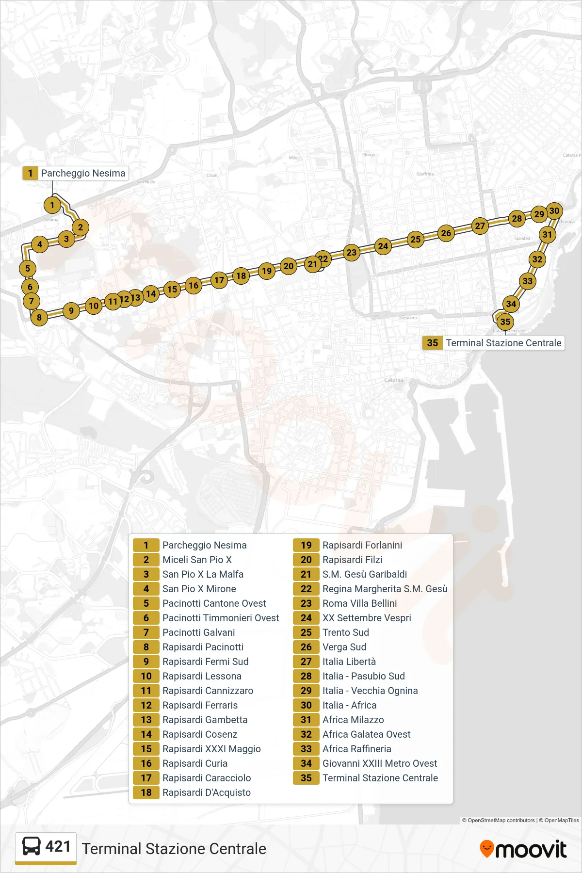 Linea 421  bus (Terminal Stazione Centrale) - Percorsi e fermate sulla mappa