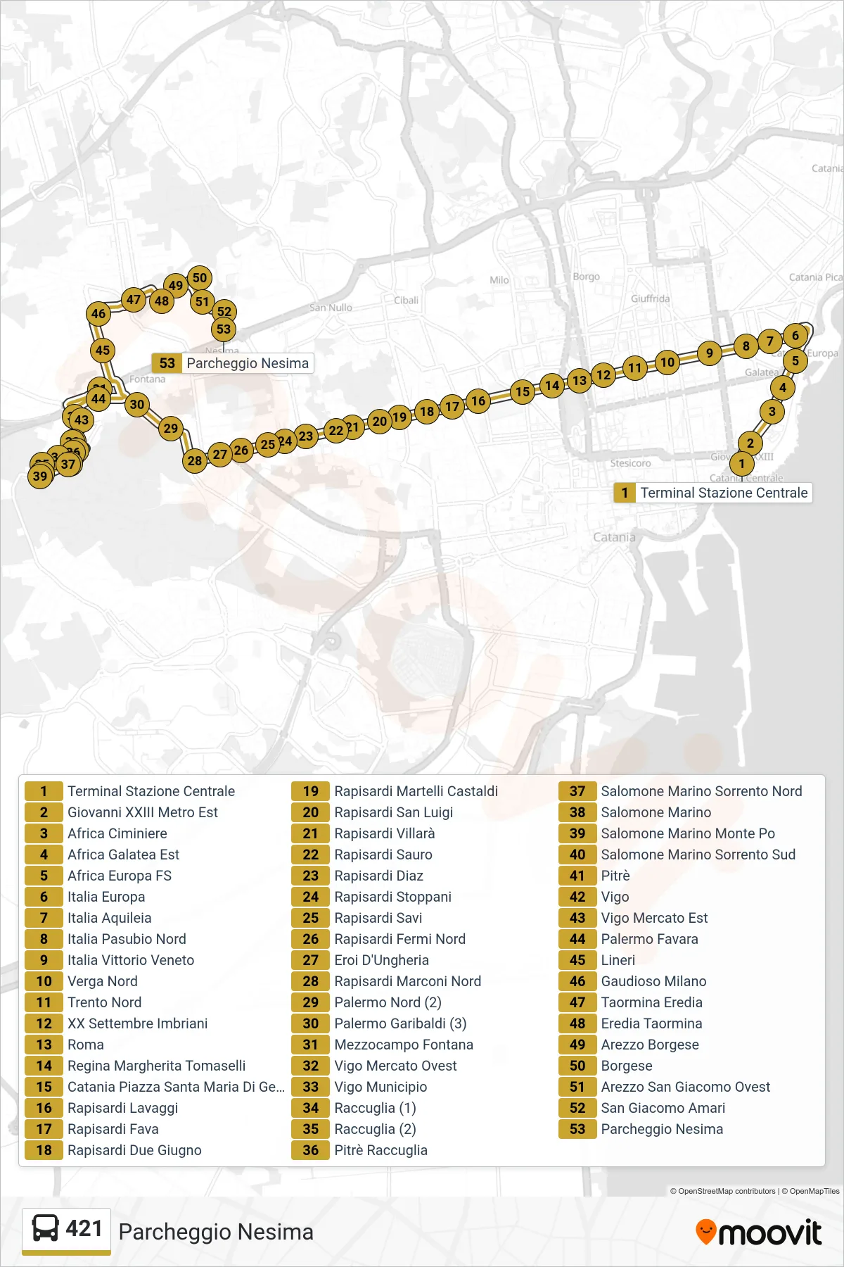 Linea 421  bus (Parcheggio Nesima) - Percorsi e fermate sulla mappa
