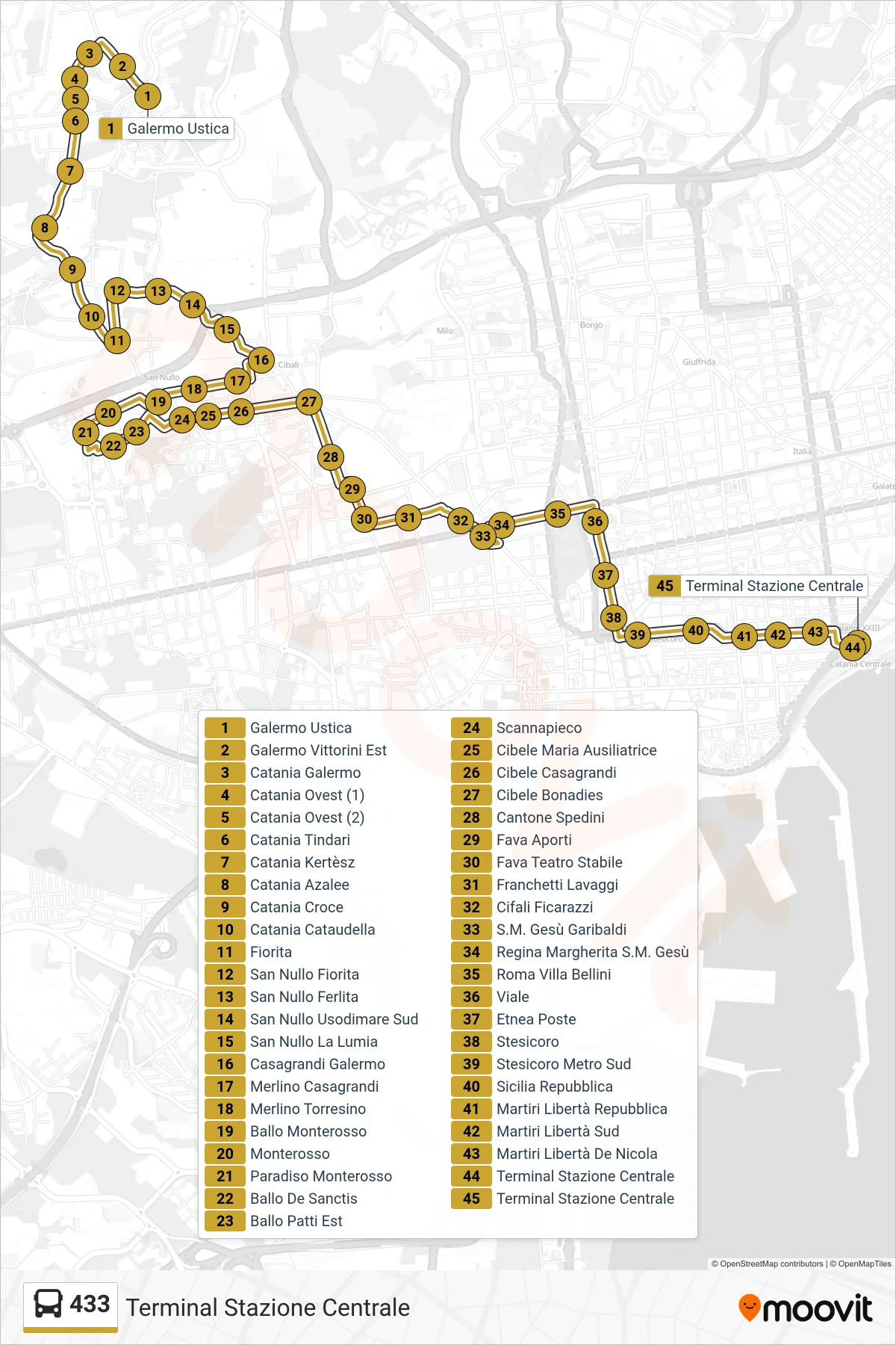 Linea 433  bus (Terminal Stazione Centrale) - Percorsi e fermate sulla mappa