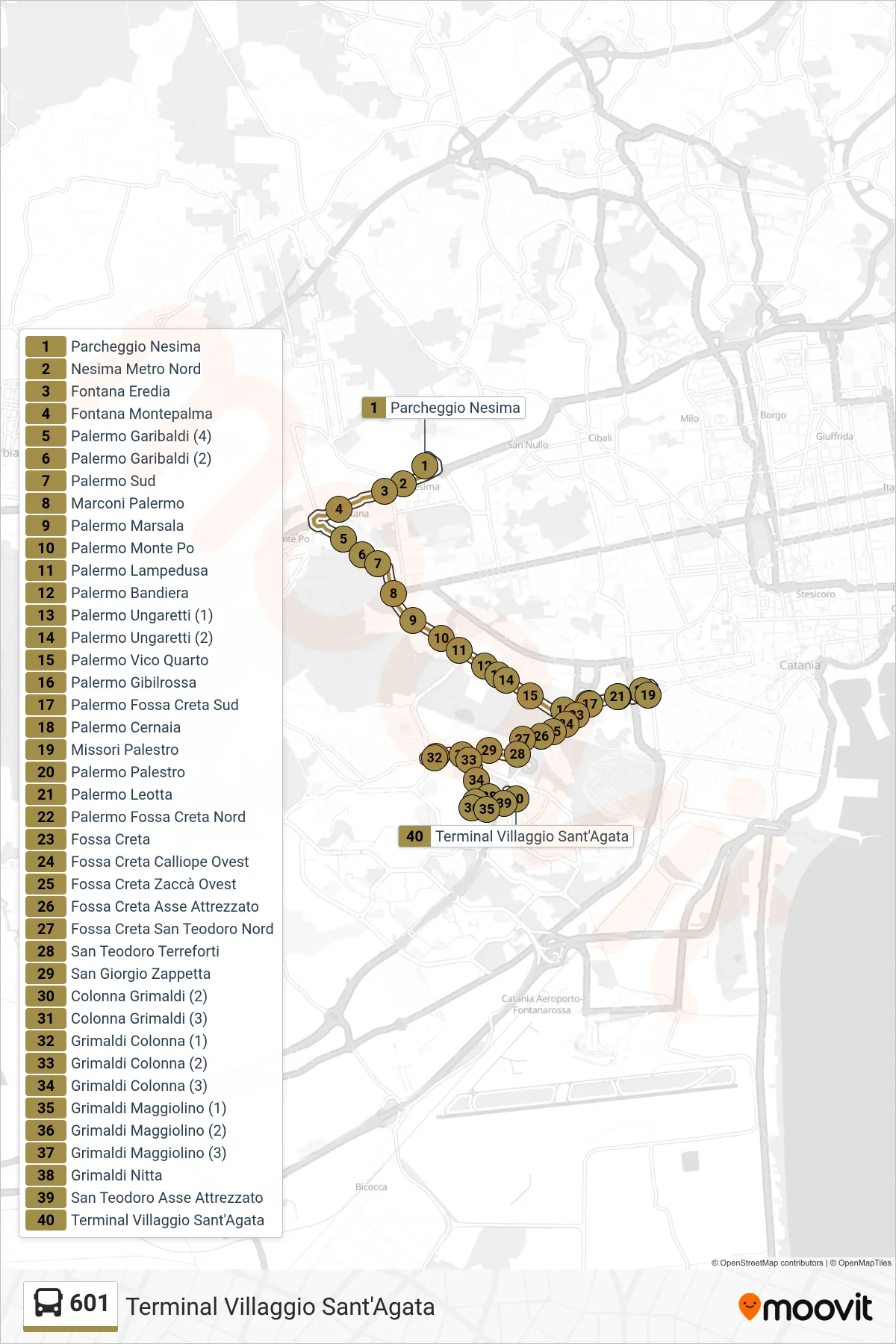 Linea 601  bus (Terminal Villaggio Sant'Agata) - Percorsi e fermate sulla mappa