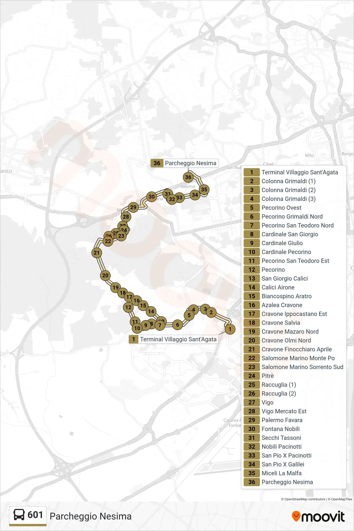 Linea 601 bus (Parcheggio Nesima) - Percorsi e fermate sulla mappa
