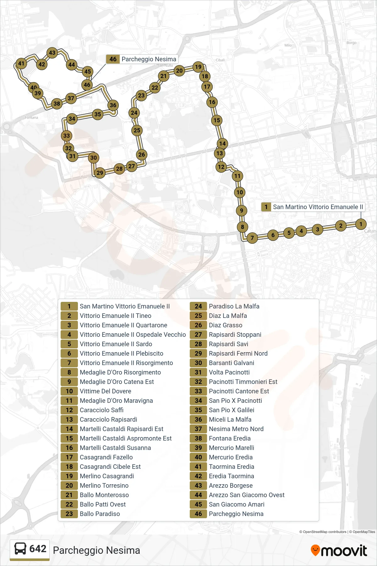 Linea 642 bus (Parcheggio Nesima) - Percorsi e fermate sulla mappa