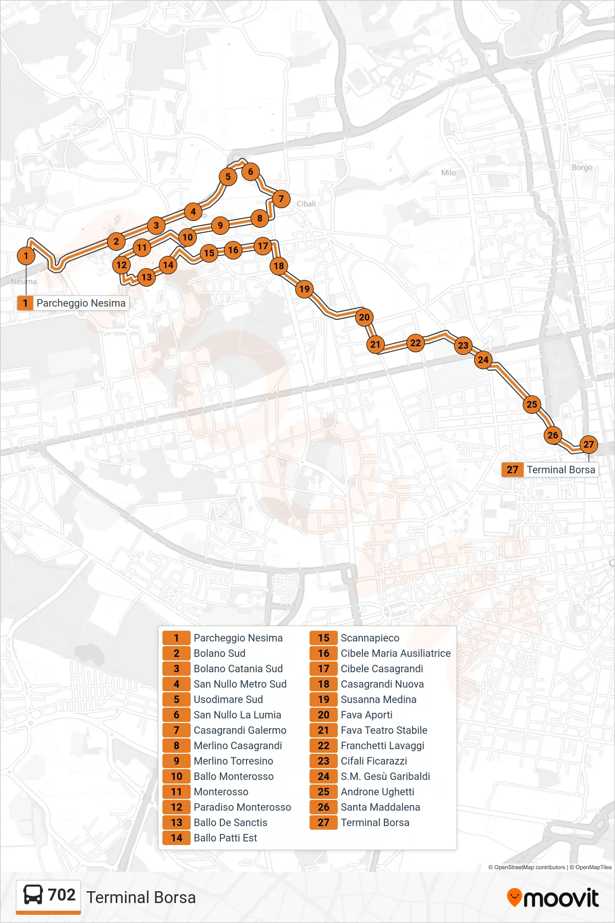 Linea 702  bus (Terminal Borsa) - Percorsi e fermate sulla mappa
