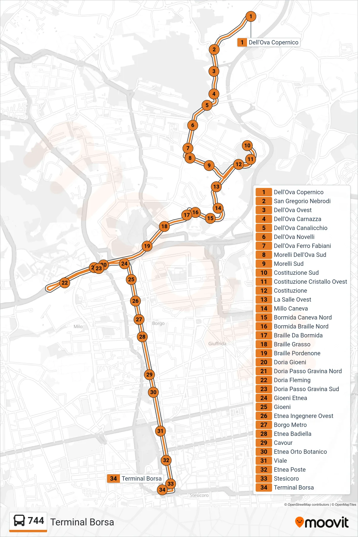 Linea 744 bus (Terminal Borsa) - Percorsi e fermate sulla mappa