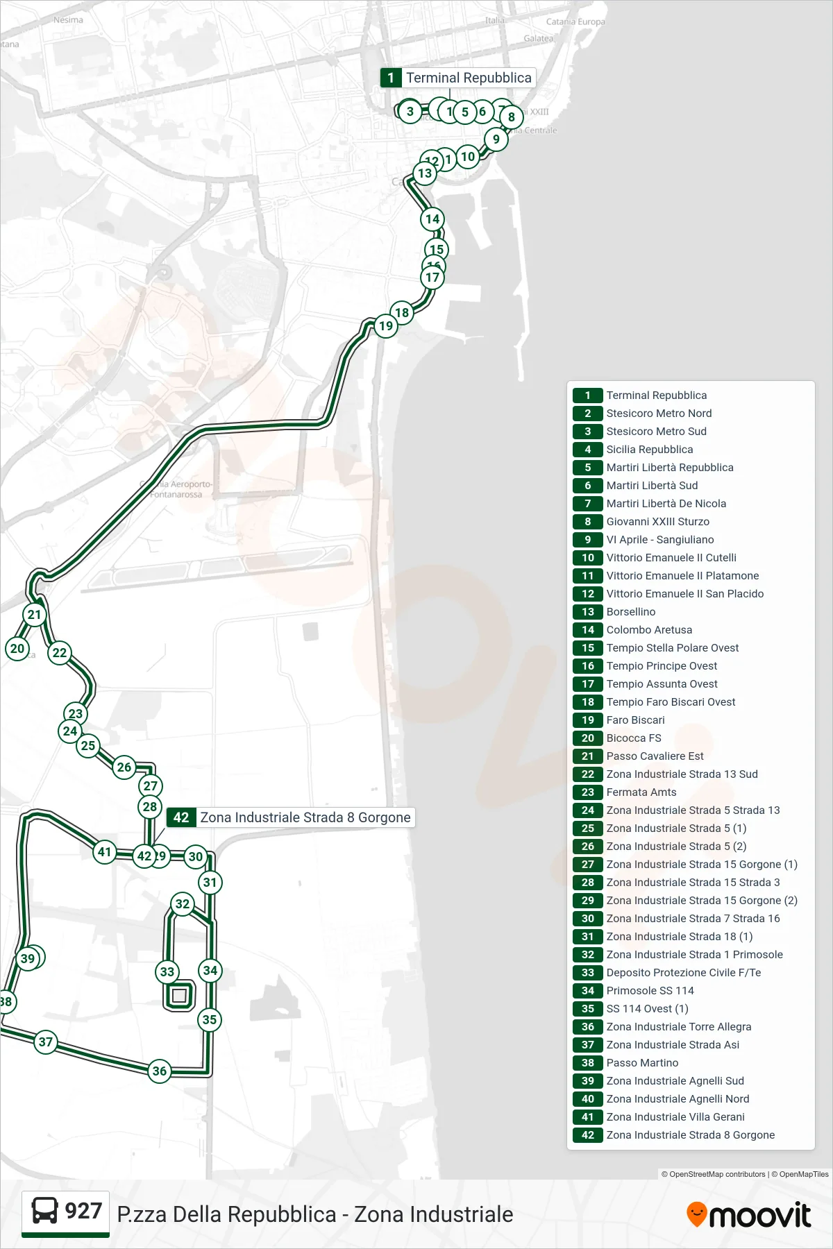 Linea 927 bus (Zona Industriale Strada 8 Gorgone) - Percorsi e fermate sulla mappa